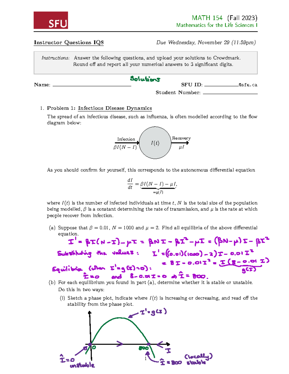 MATH 154 (Fall 2023) IQ8 Solutions for Infectious Disease Dynamics ...