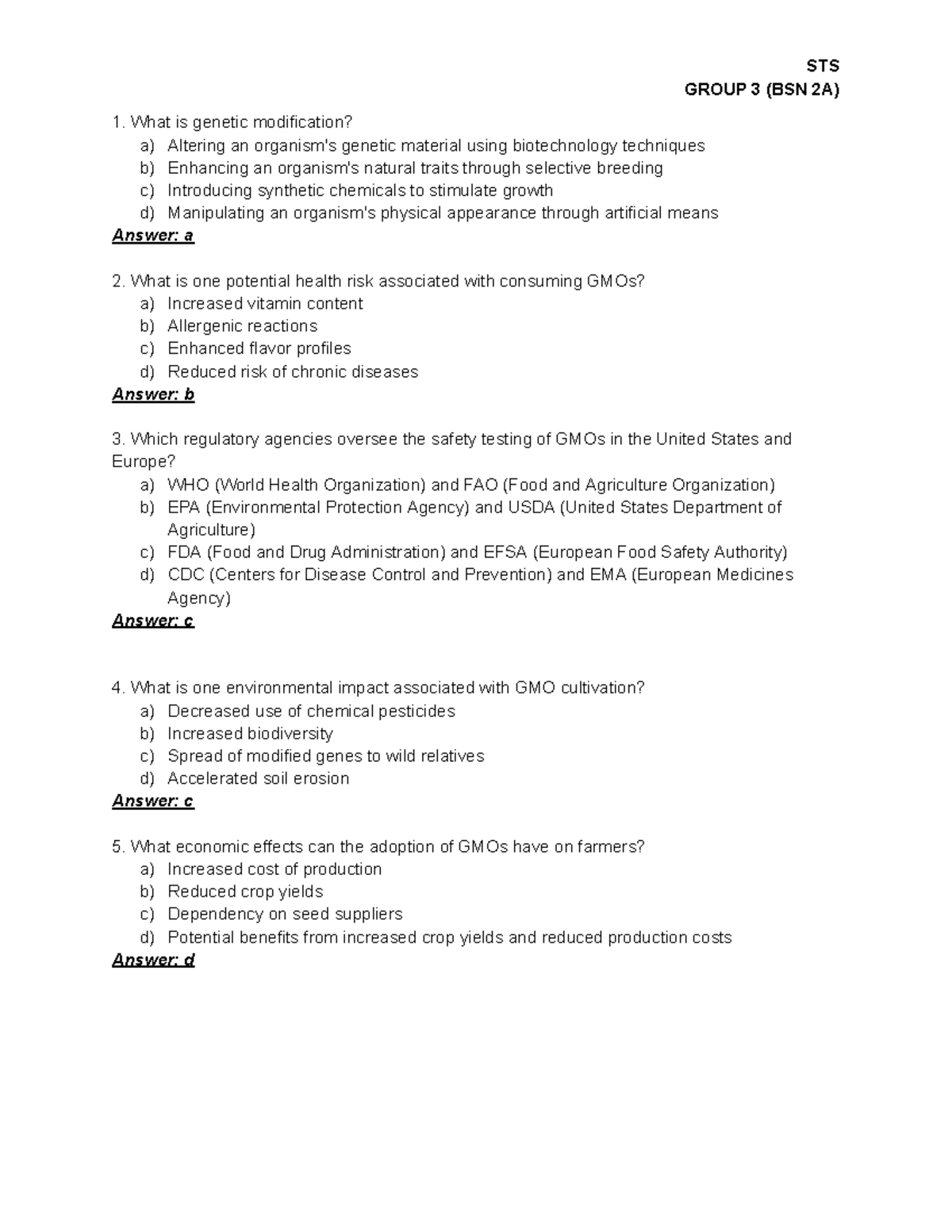 STS BSN 2A GMOs & Gene Therapy Practice Quiz Solutions - Studocu