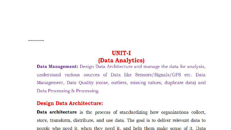 Data Analytics (DA) Unit 1: Data Management & Architecture Design - Studocu