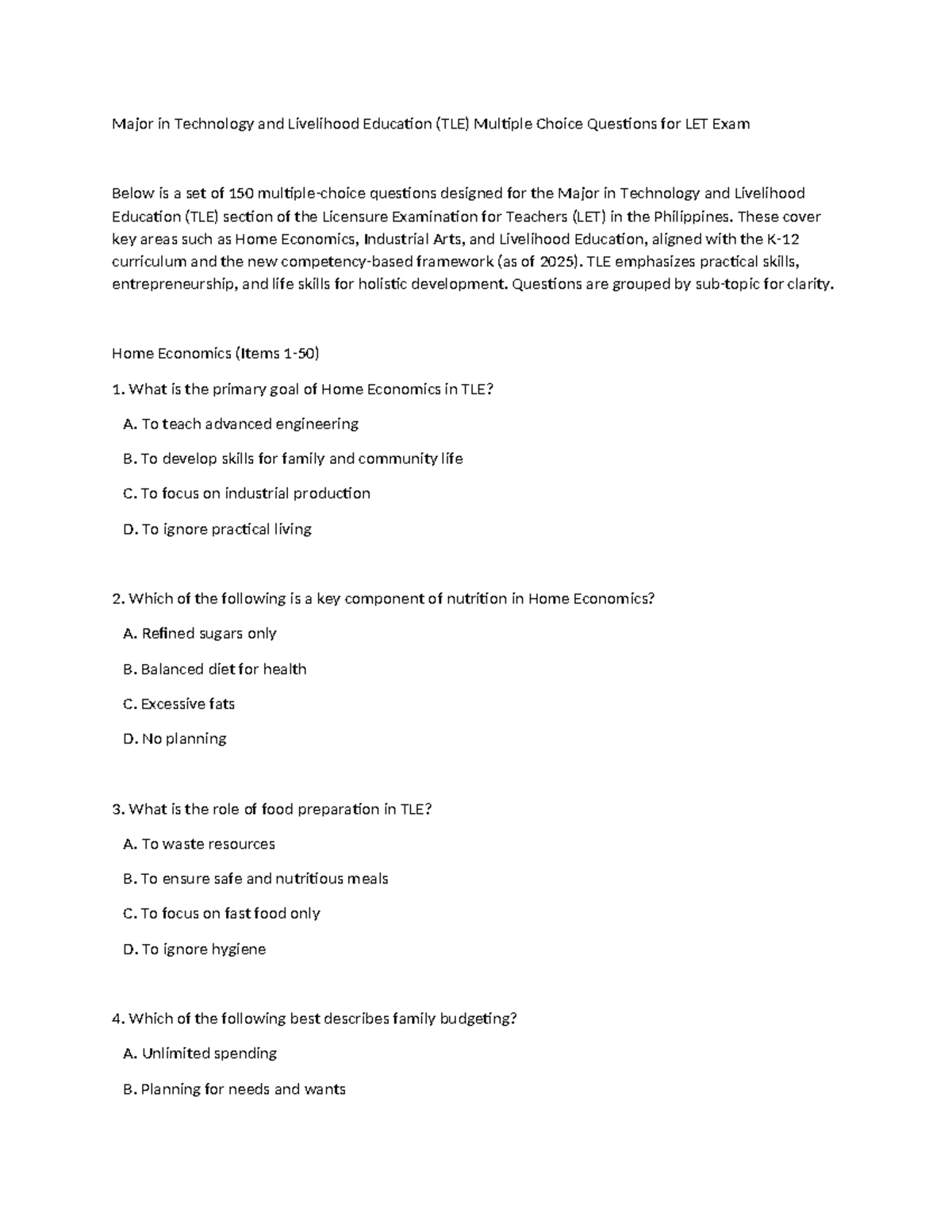 TLE Major: 150 MCQs for LET Exam Preparation - Studocu