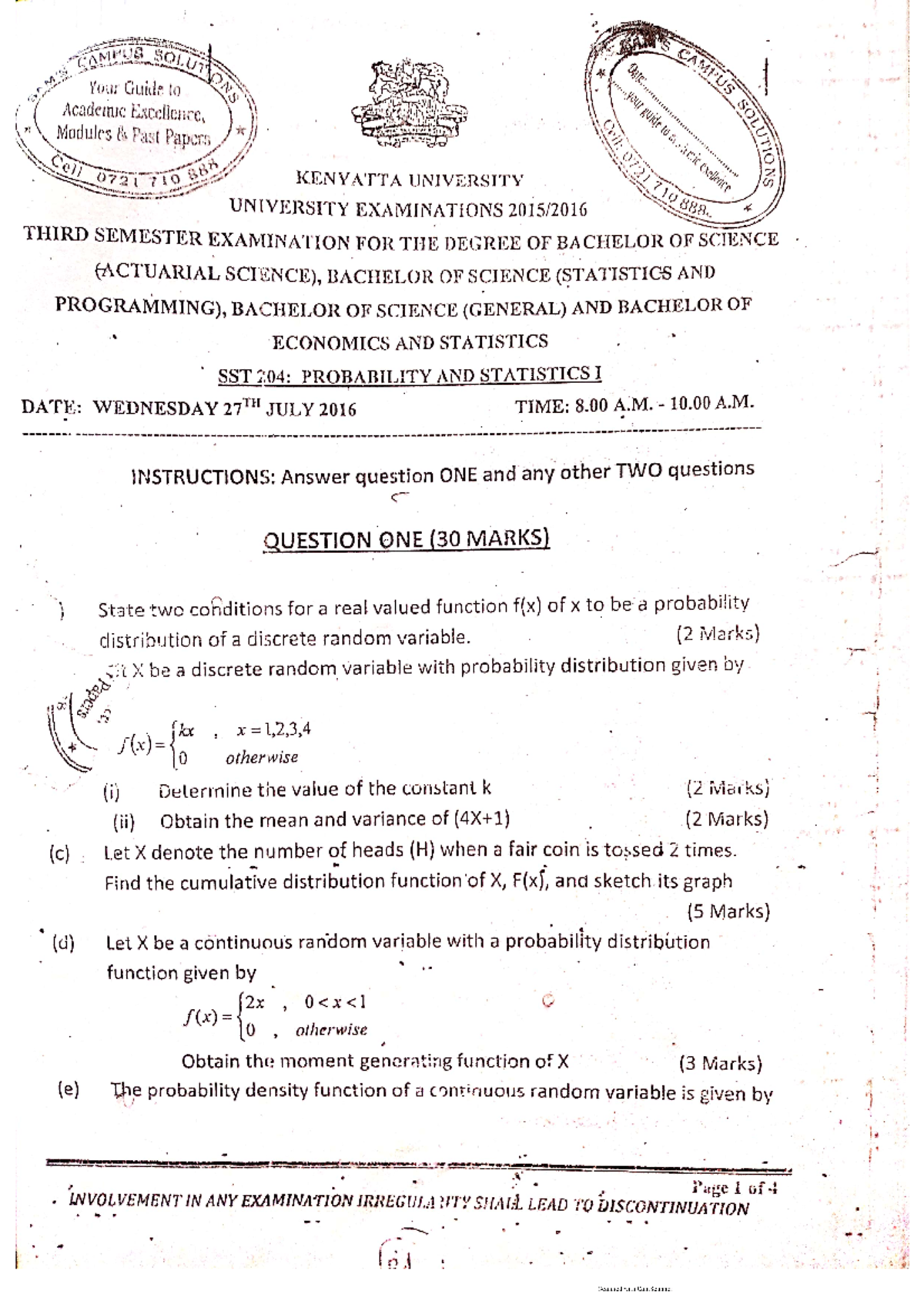 SST204 Past Papers Compilation for Probability and Statistics I - Studocu
