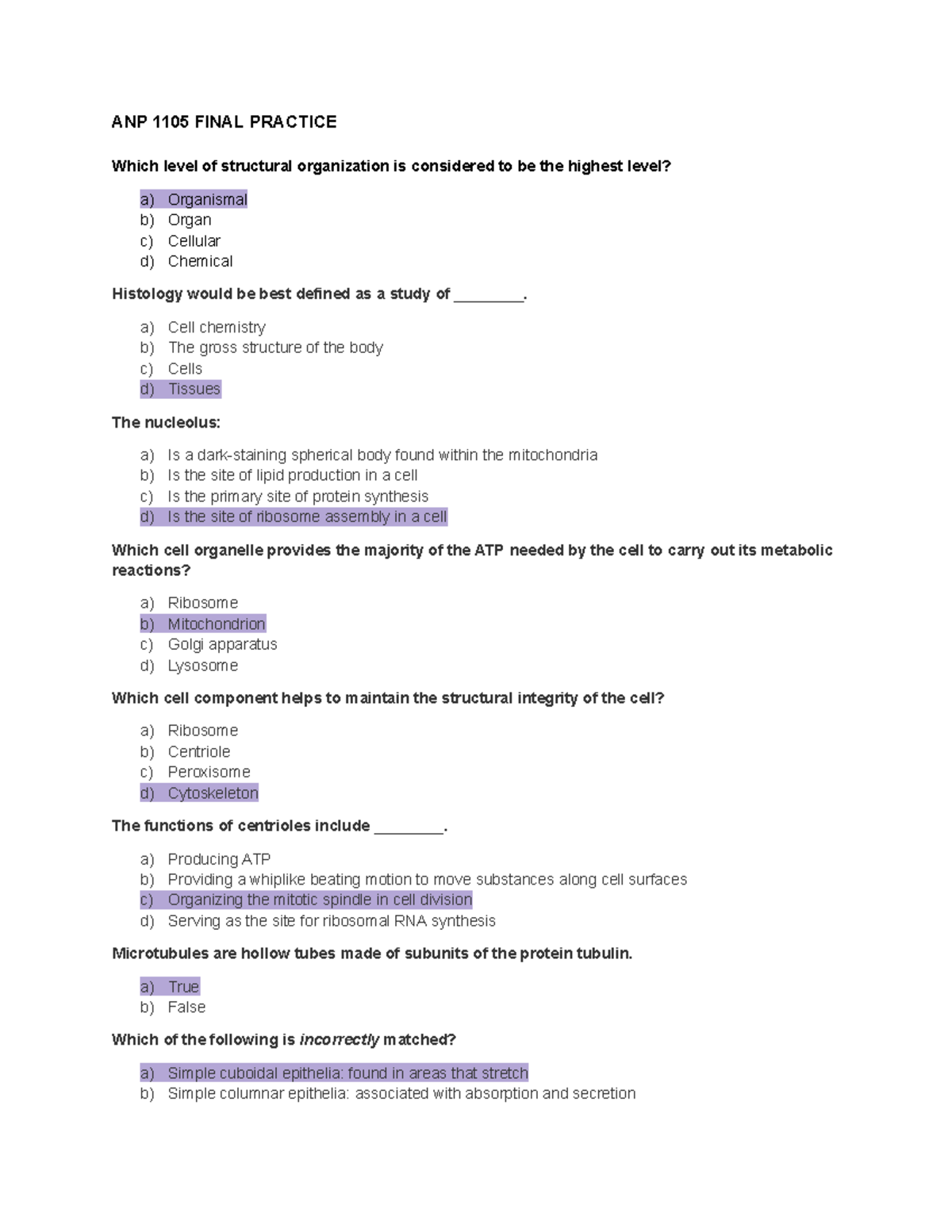 ANP 1105 Final Exam Practice Guide for Students - Studocu