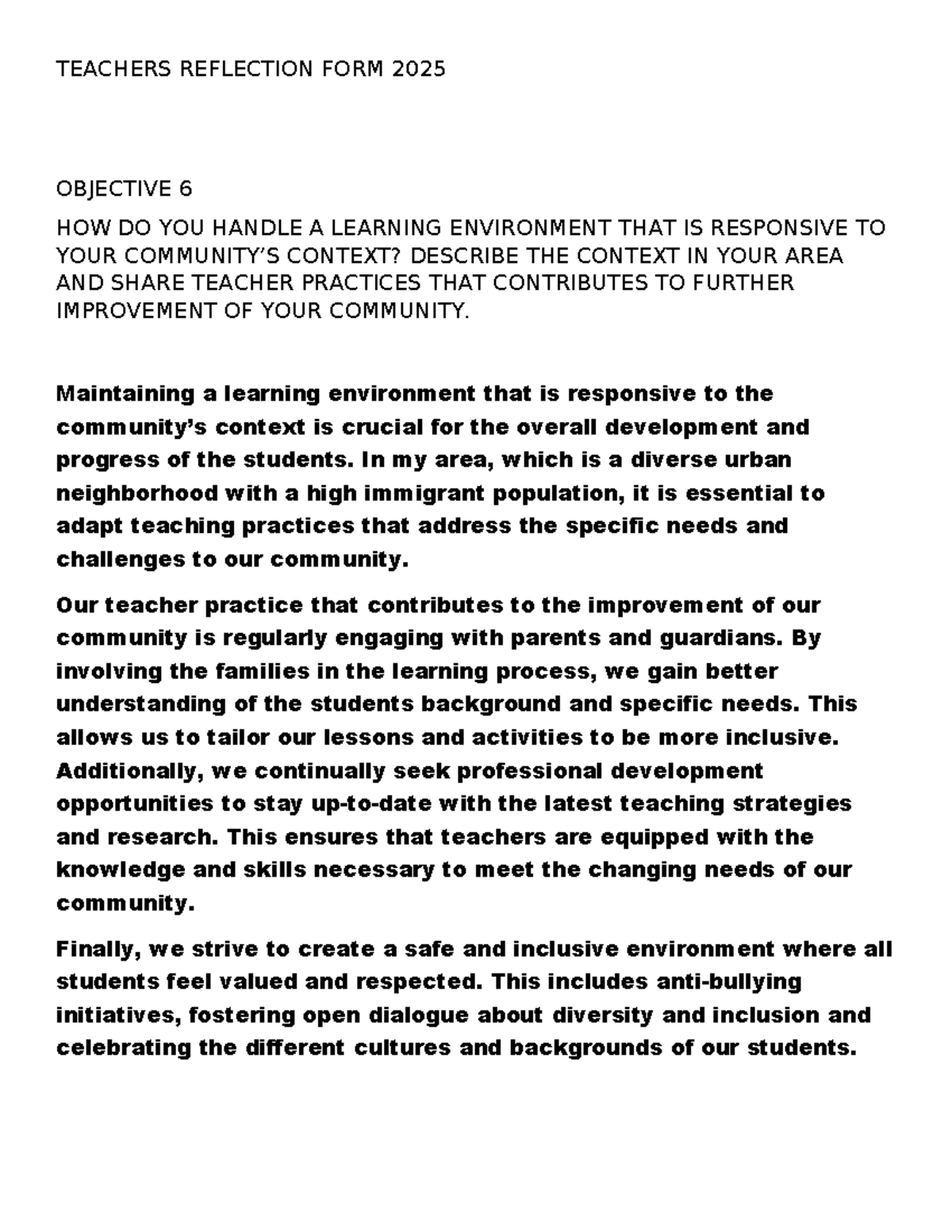 TRF - it helps students - TEACHERS REFLECTION FORM 2025 OBJECTIVE 6 HOW ...