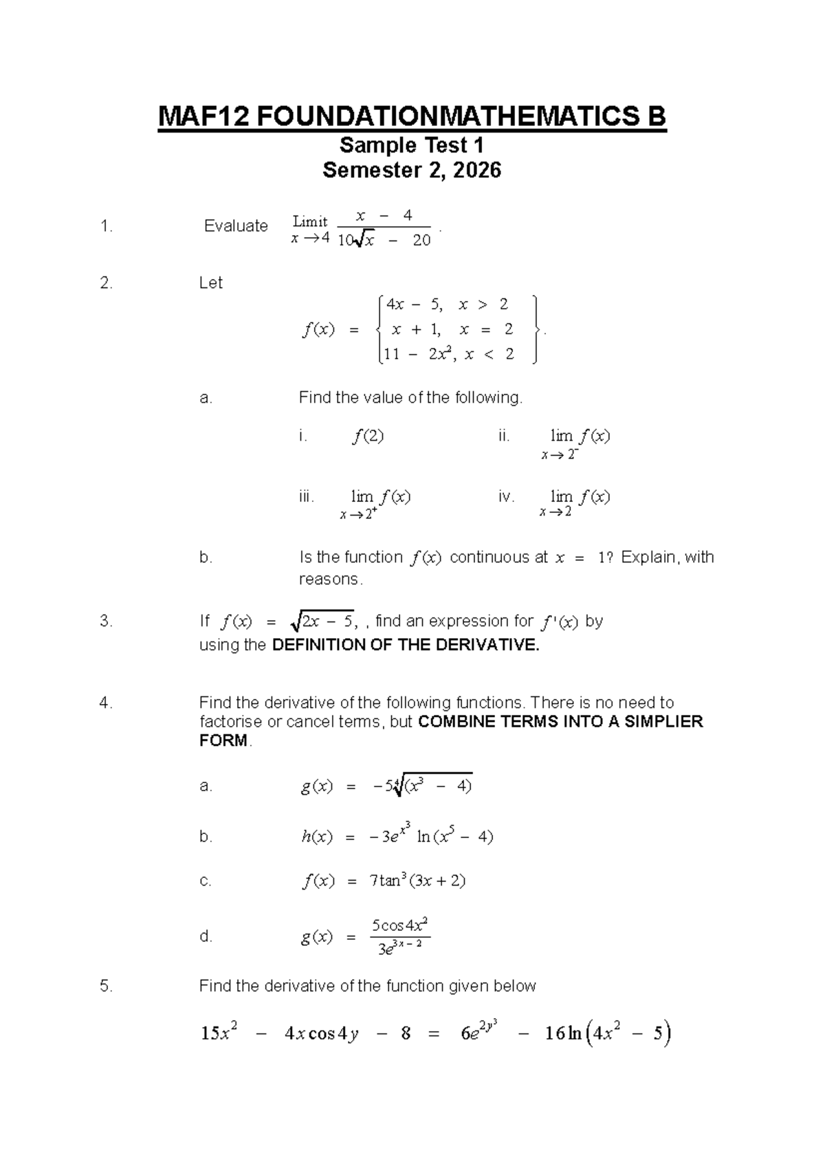 MAF12 Foundation Mathematics B: Sample Test 1 Review - Studocu