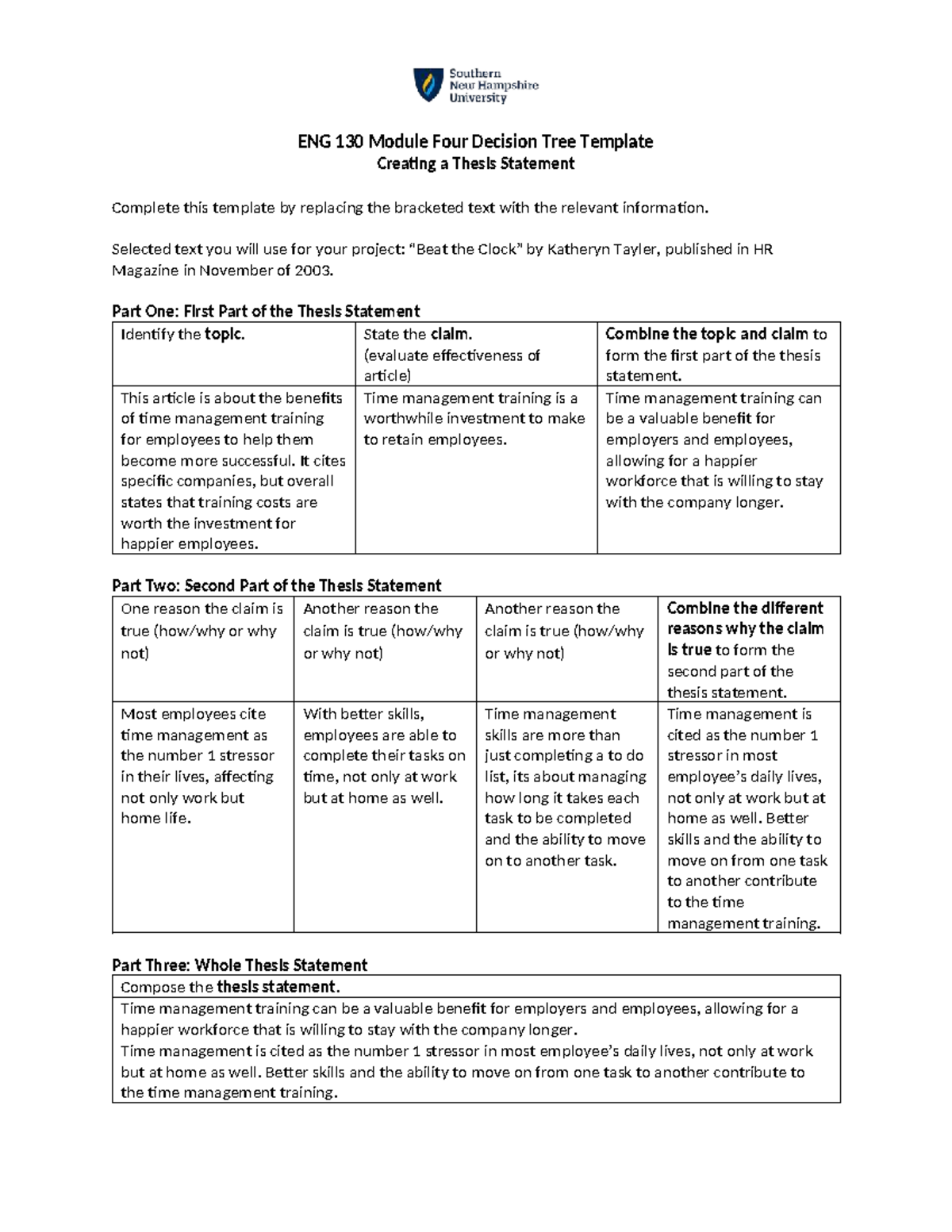 ENG 130 Module Four Thesis Statement Development on Time Management ...