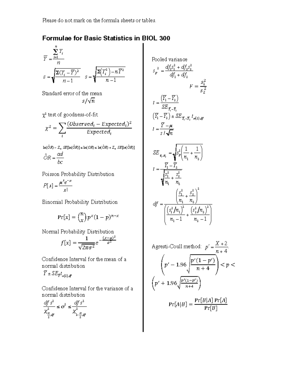 BIOL 300: Formulae and Tables for Basic Statistics - Studocu