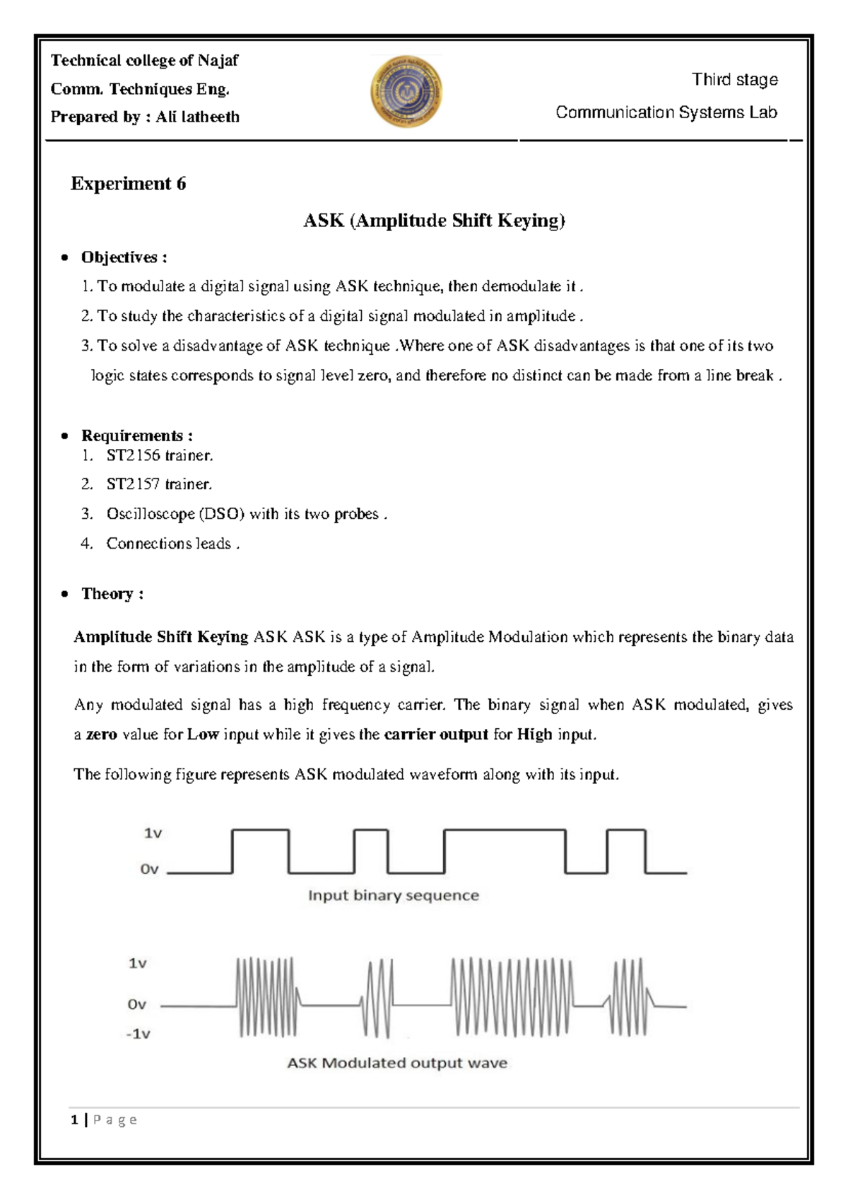 Lab 9: ASK Modulation Techniques - ST2156/2157 Communication Systems ...