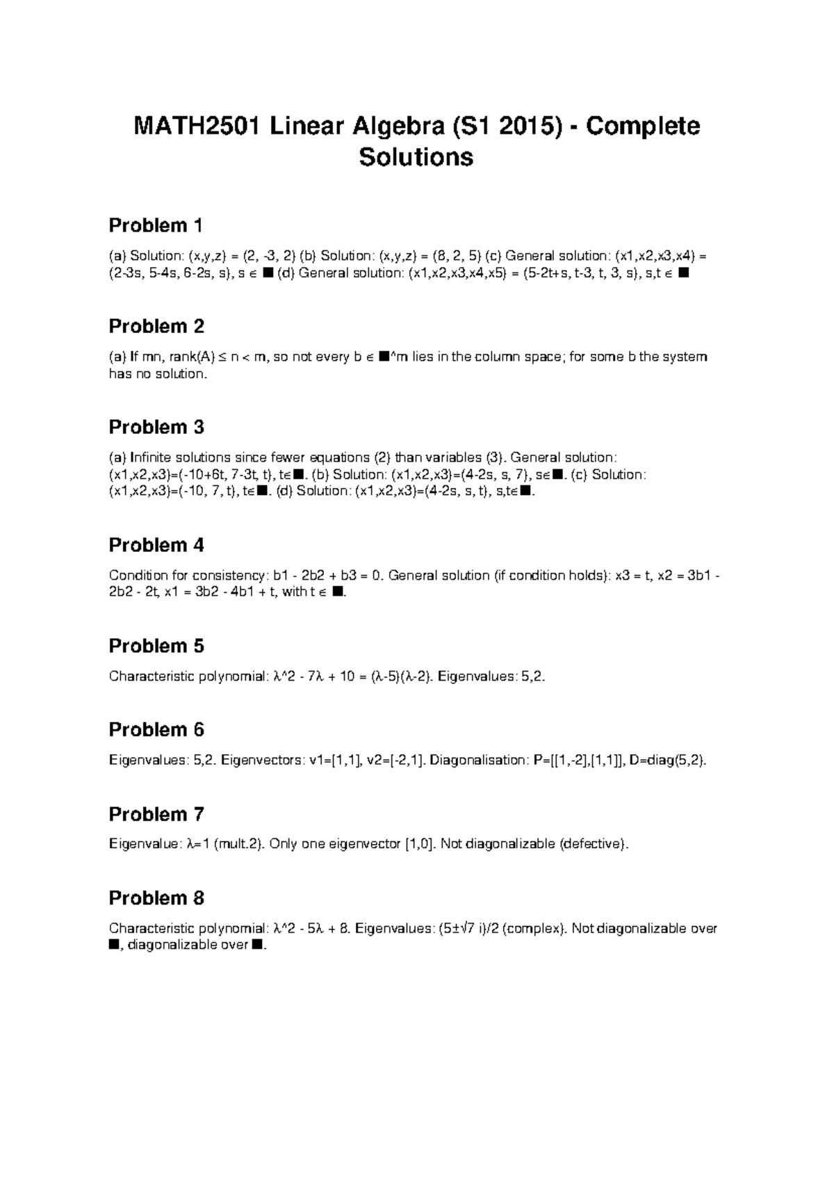 MATH2501 Linear Algebra Complete Solutions for S1 2015 - Studocu