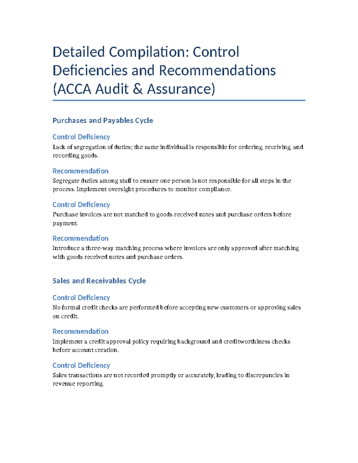 ACCA Audit Assurance: Control Deficiencies & Recommendations Overview ...