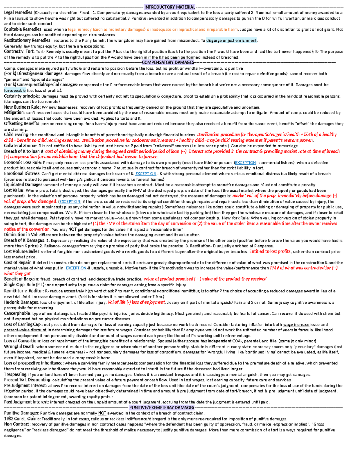Remedies Cheat Sheet: Key Concepts and Legal Principles (LAW 101) - Studocu