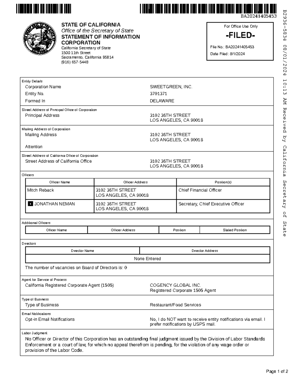 California Corporation Statement of Information: SWEETGREEN, INC. - Studocu