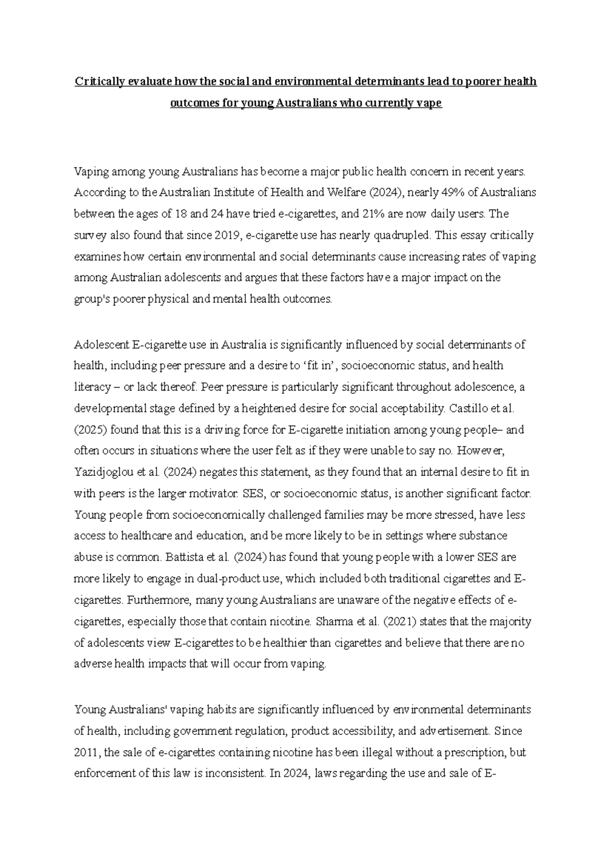 PUBH1006 Essay: Social & Environmental Determinants of Vaping in Youth ...