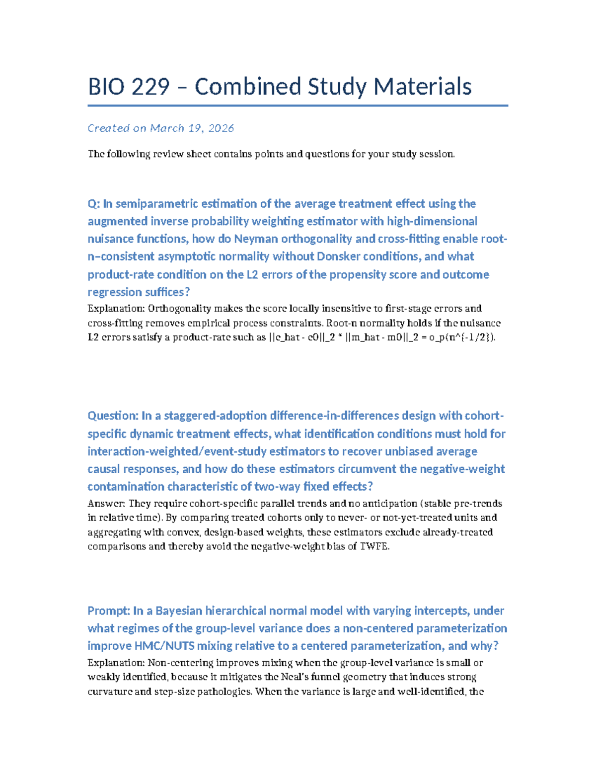 BIO 229 Comprehensive Study Guide for Advanced Causal Inference - Studocu