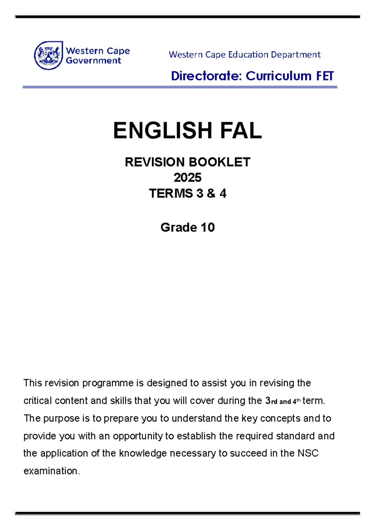 Grade 10 EFAL Term 3 & 4 Revision Booklet 2025 - Studocu