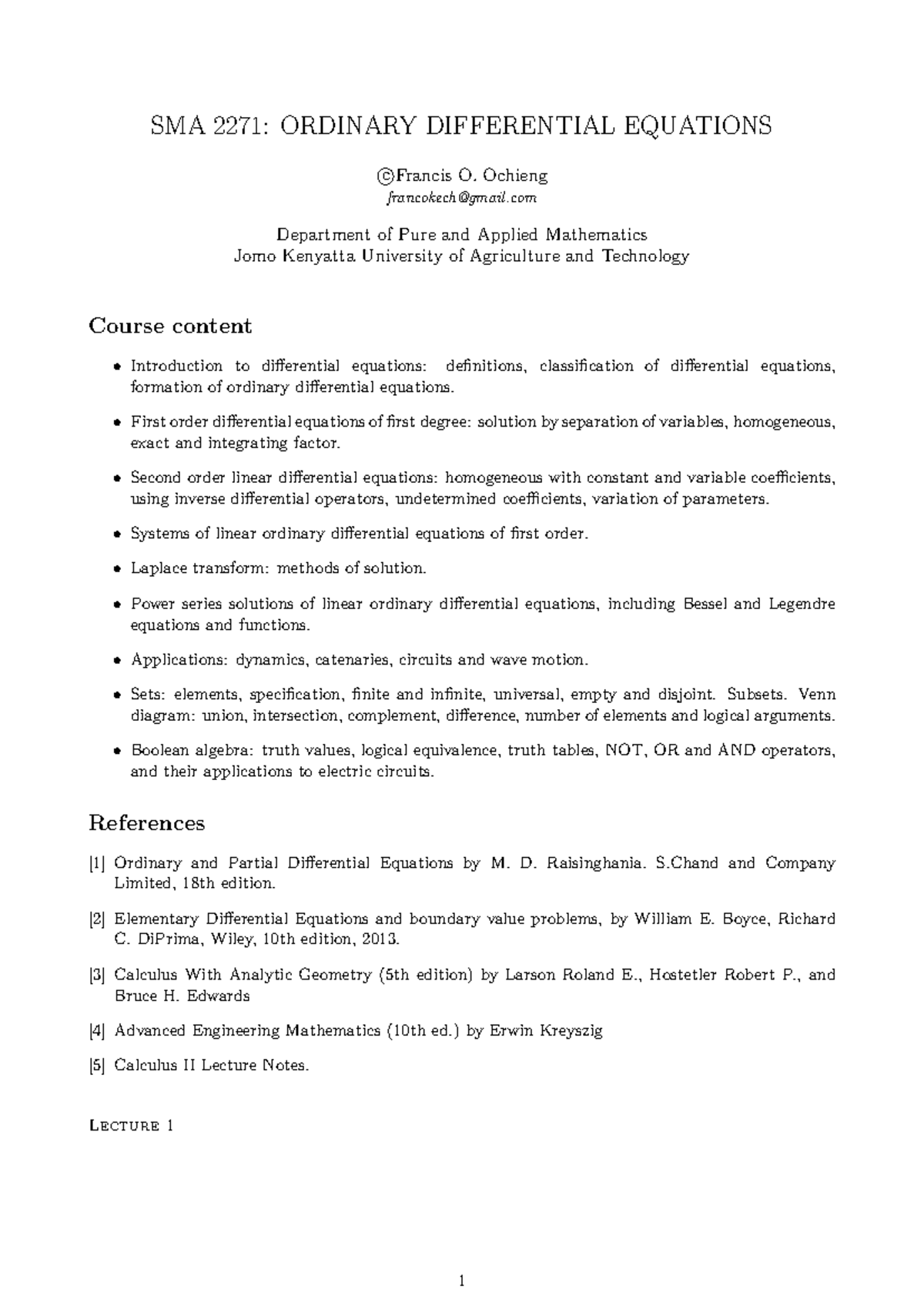 SMA 2271 Lecture Notes: Ordinary Differential Equations - Studocu