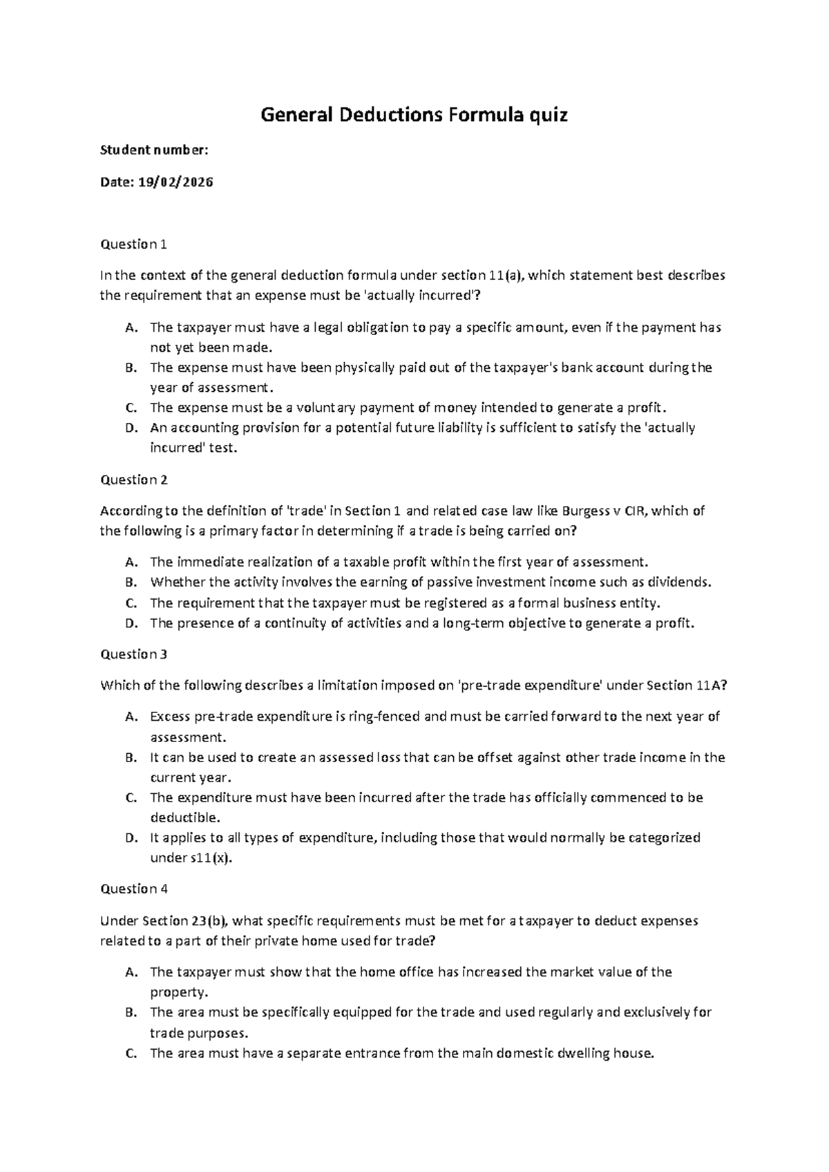 General Deductions Formula Quiz - Final Exam - Studocu