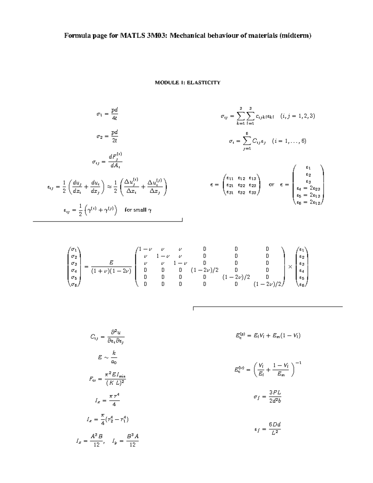 Formula Page for MATLS 3M03: Mechanical Behaviour (Midterm) - Studocu