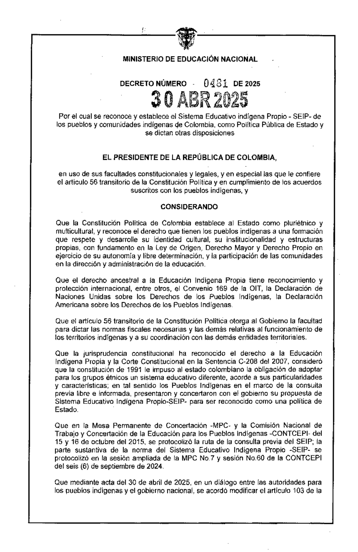 Decreto 0481 de 2025: Sistema Educativo Indígena Propio en Colombia ...