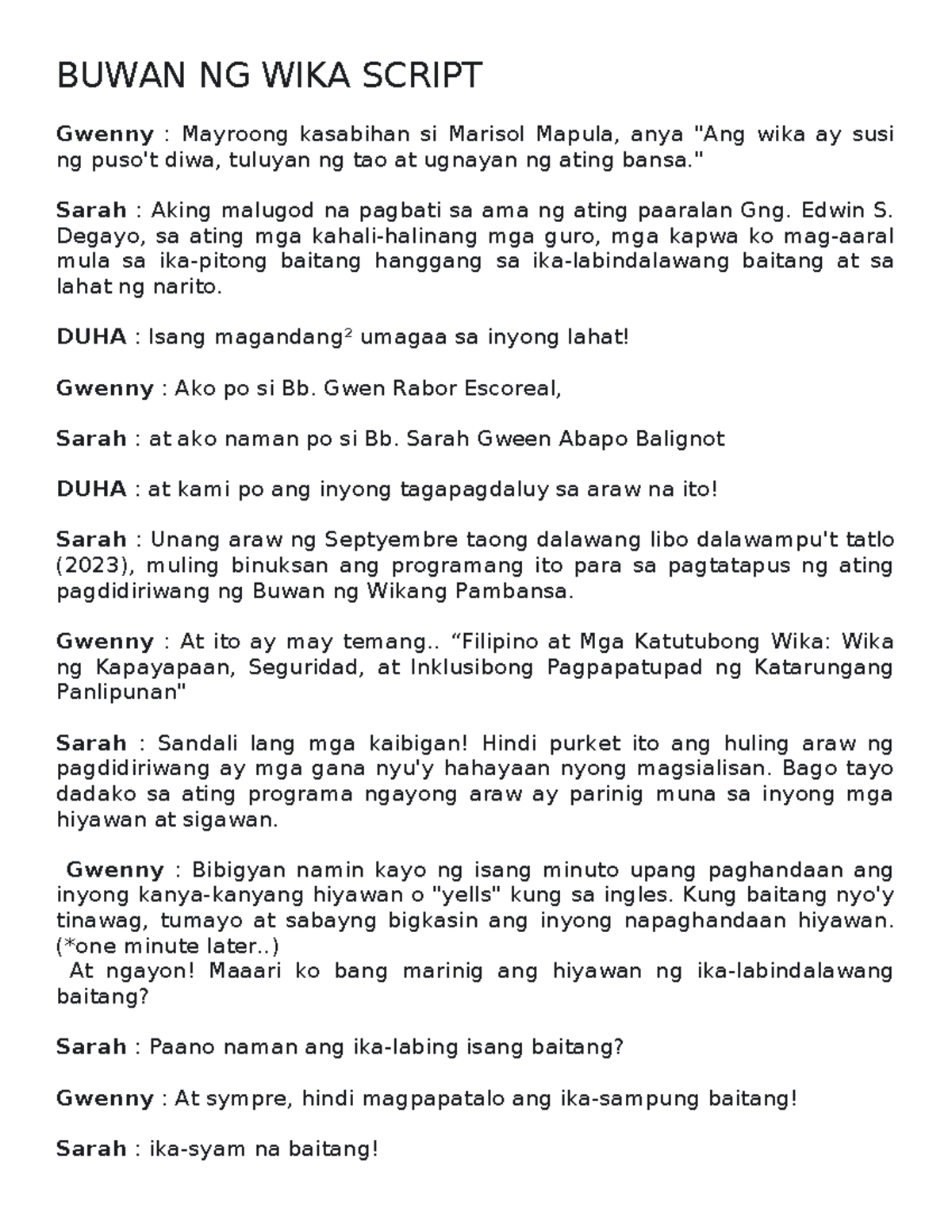 Buwan NG WIKA Emcee Script - BUWAN NG WIKA SCRIPT Gwenny : Mayroong ...