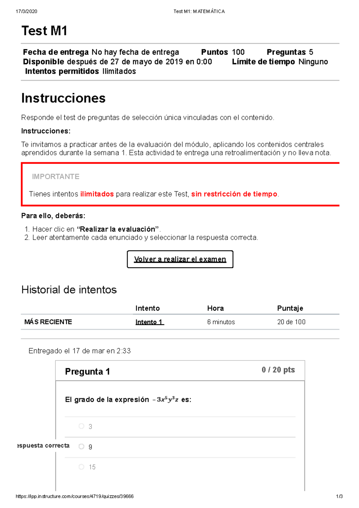 Test M1 de Matemática: Preguntas y Instrucciones Clave - Studocu