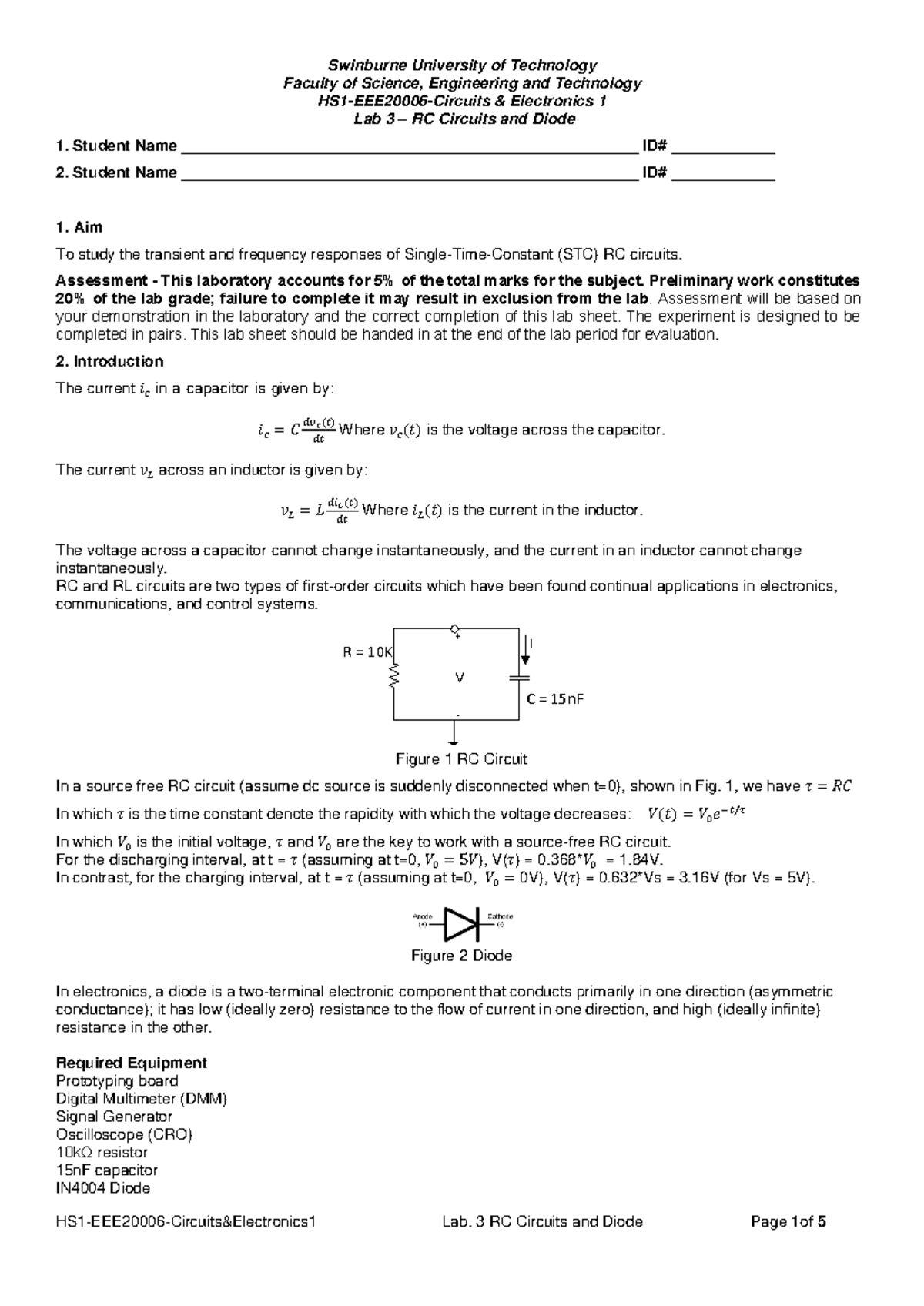 Lab 3 EEE2000: RC Circuits and Diode Analysis Report - Studocu