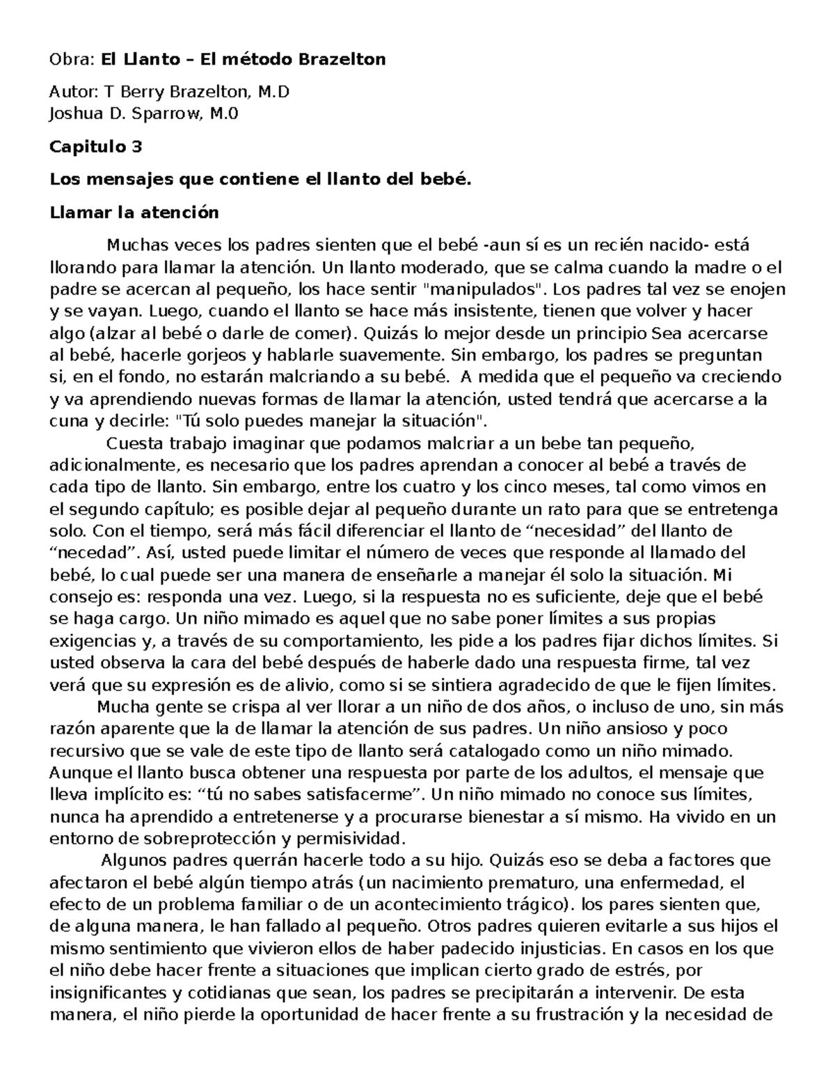 El Llanto del Bebé: Mensajes y Manejo - Capítulo 3, Método Brazelton - Document Preview