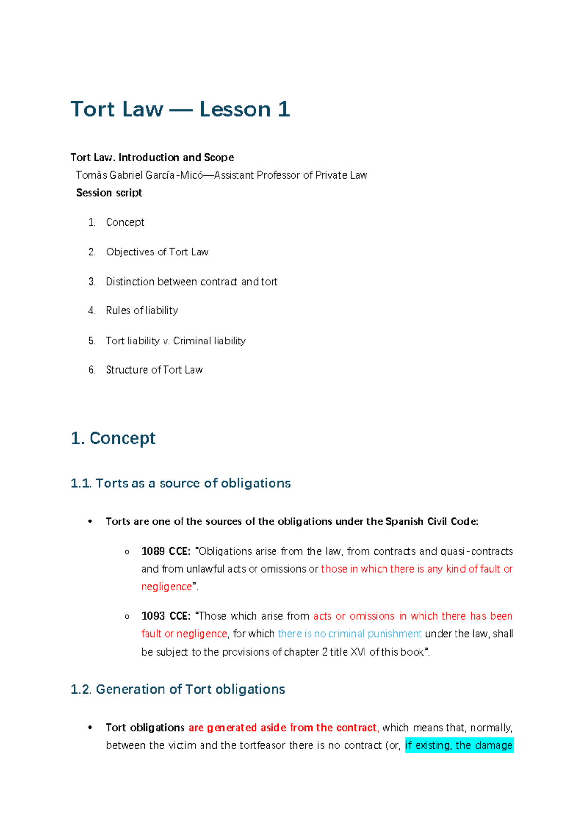 Tort Law Lesson 1: Introduction, Objectives, and Liability Rules - Studocu