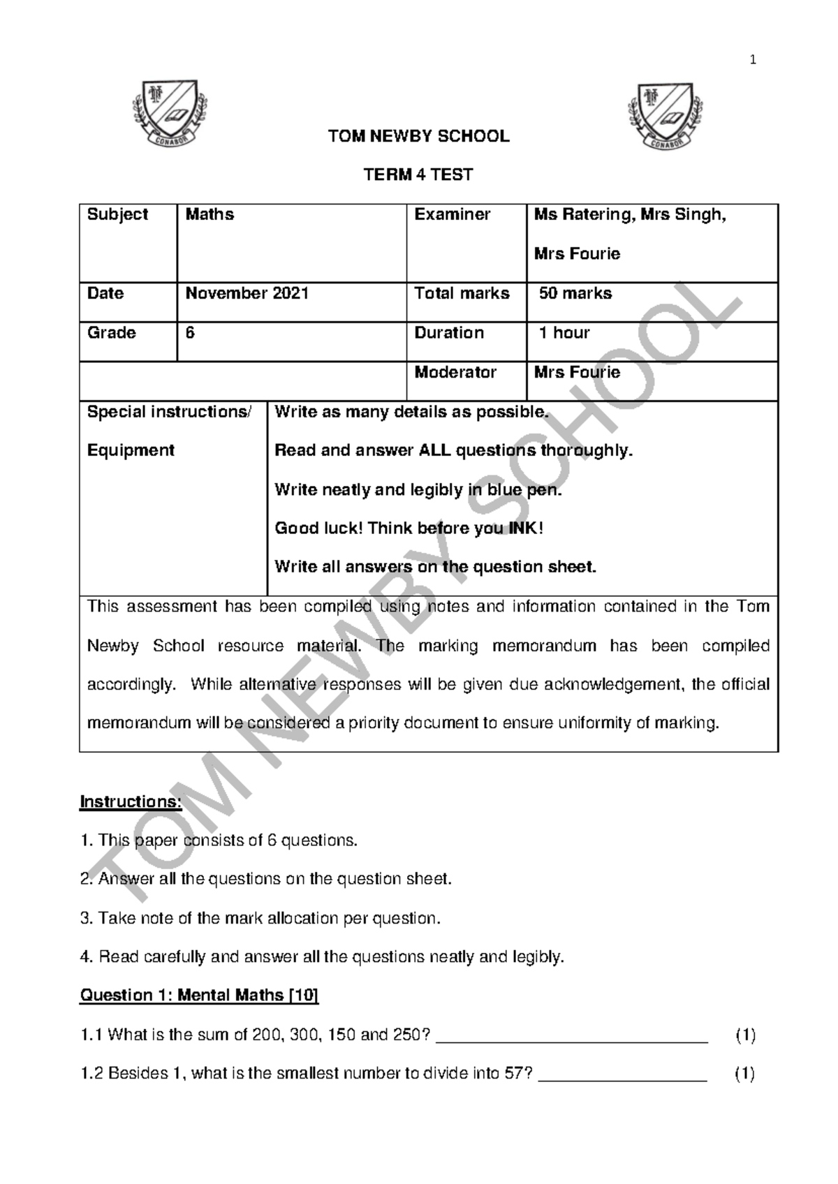 Grade 6 Maths Term 4 Test - November 2021 - Studocu