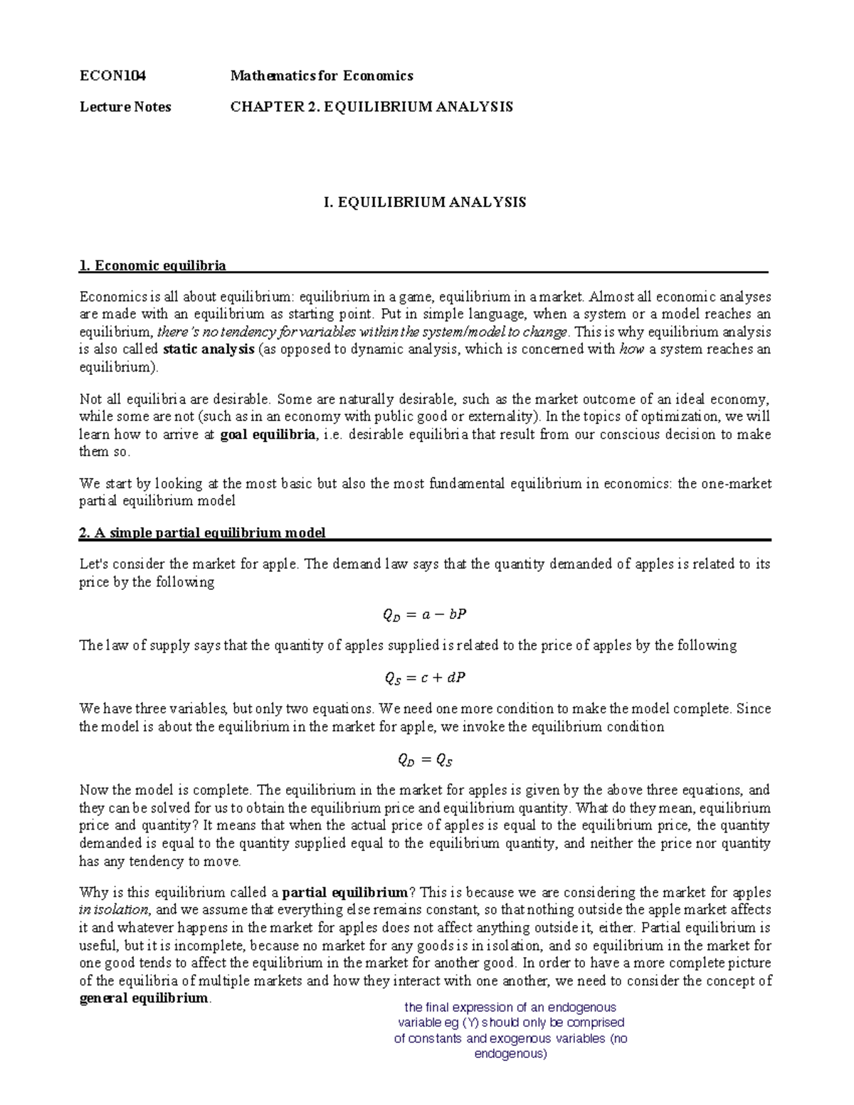 Notes 2 (Matrix Algebra) - ECON 104 Mathematics for Economics Lecture ...