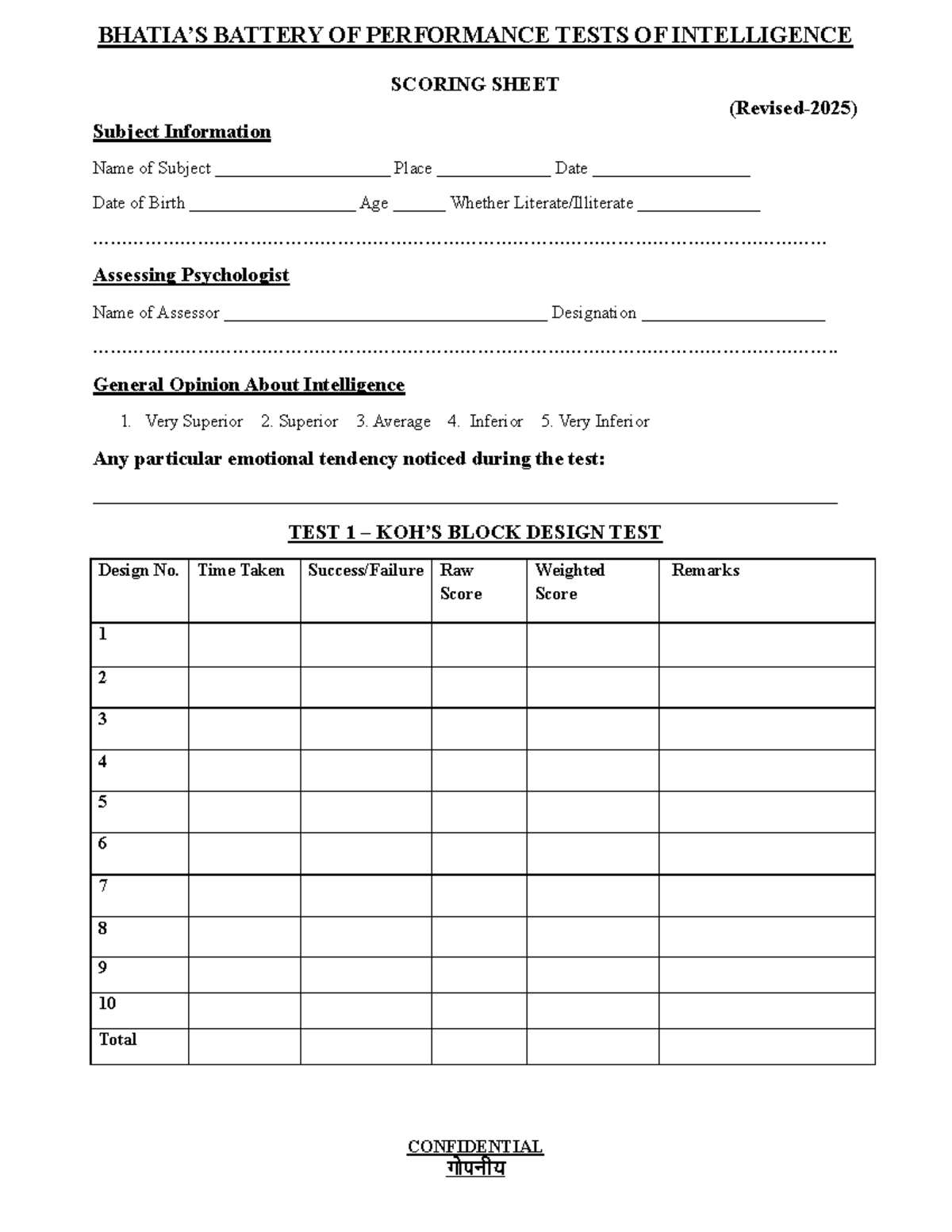 Performance Tests of Intelligence Scoring Sheet (Bhatia) - Studocu