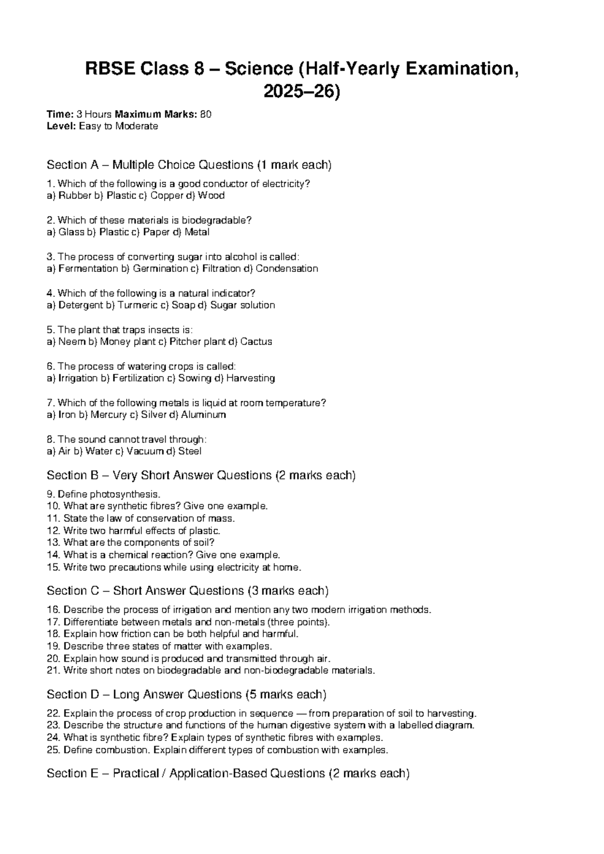 RBSE Class 8 Science Half Yearly Exam 2025-26: MCQs & Short Answers ...