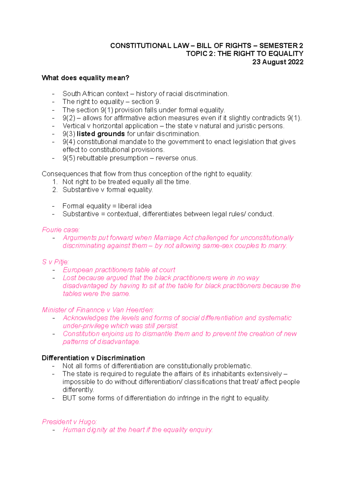 Topic 2 lecture notes - CONSTITUTIONAL LAW – BILL OF RIGHTS – SEMESTER ...