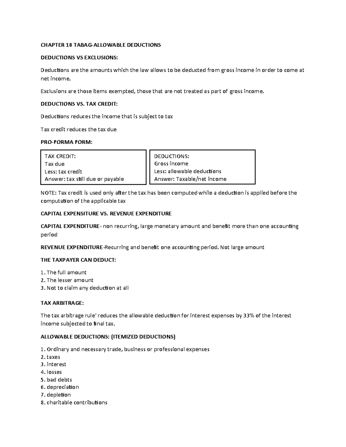 CHAPTER 10: DEDUCTIONS VS EXCLUSIONS AND TAX CREDITS (559715848) - Studocu