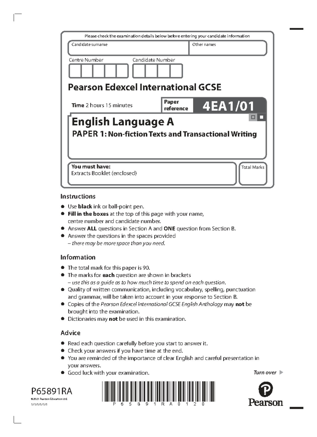 Edexcel International GCSE English Language A (4EA1 01) Exam ...