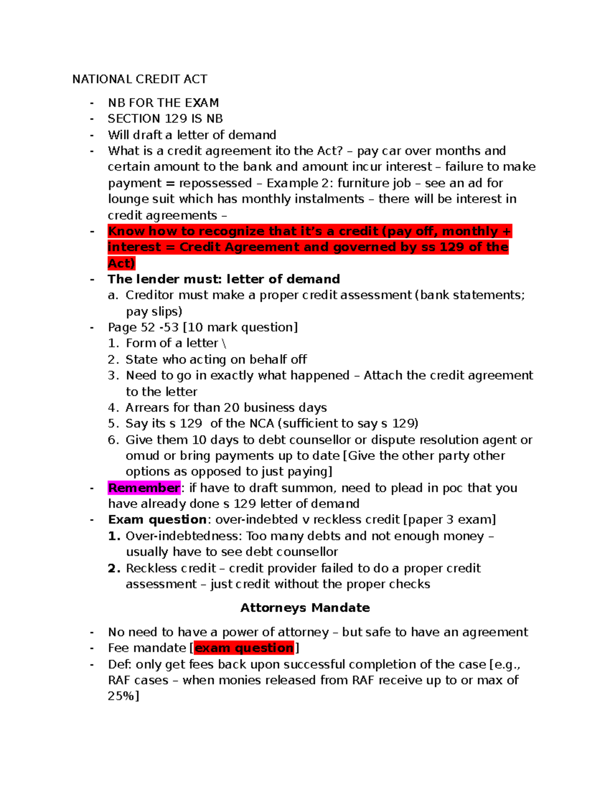 NATIONAL CREDIT ACT NB: Exam Notes on Section 129 & Credit Agreements ...