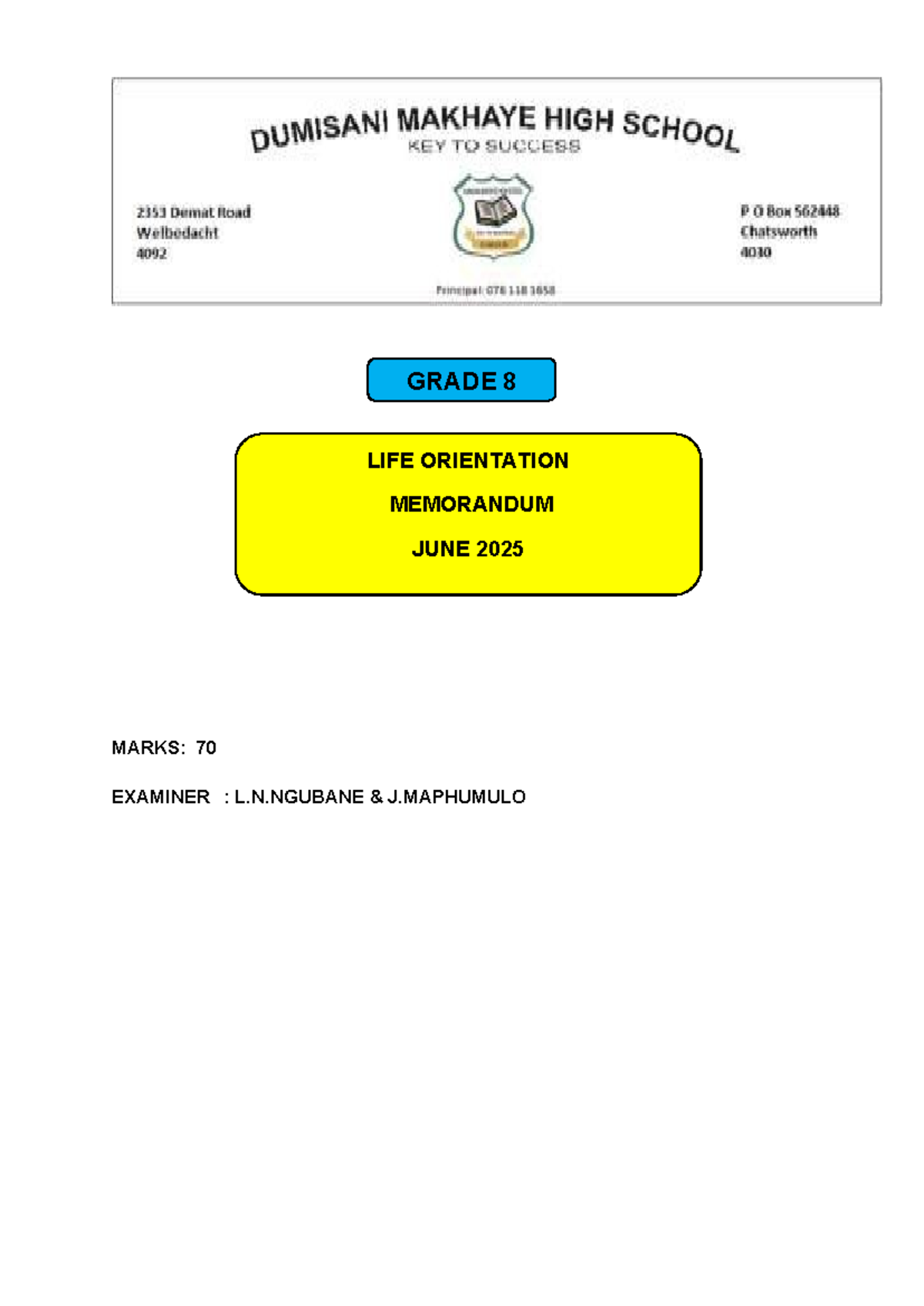 Grade 8 Life Orientation June 2025 Exam Memorandum - Studocu