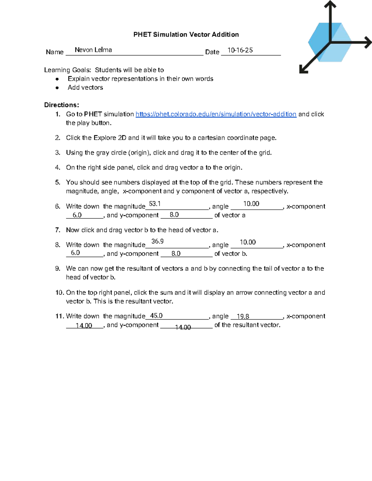 PHET Simulation Vectors Addition Worksheet - Nevon Lelma - Studocu