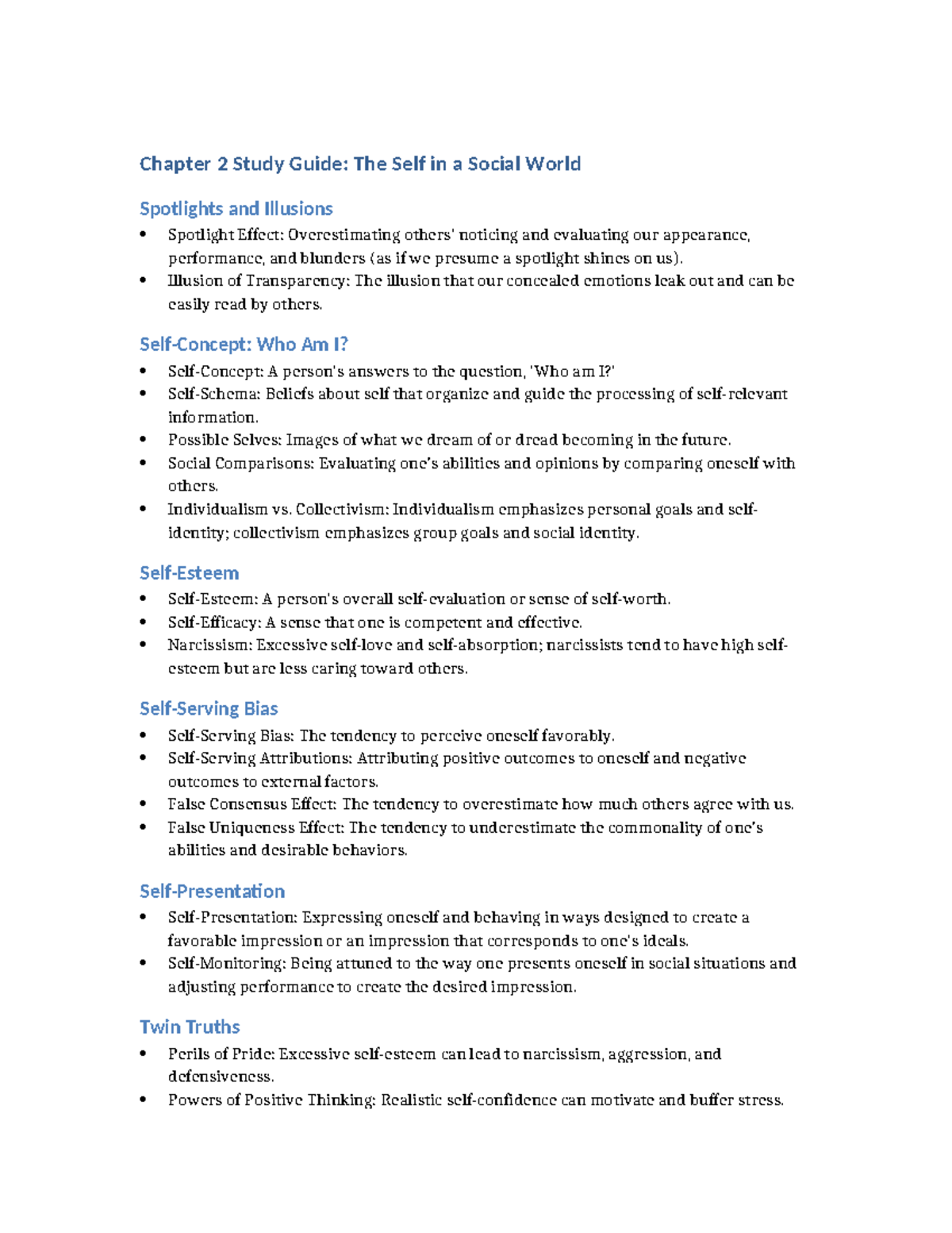 Chapter 2 Study Guide: The Self in a Social World (Psych 101) - Studocu