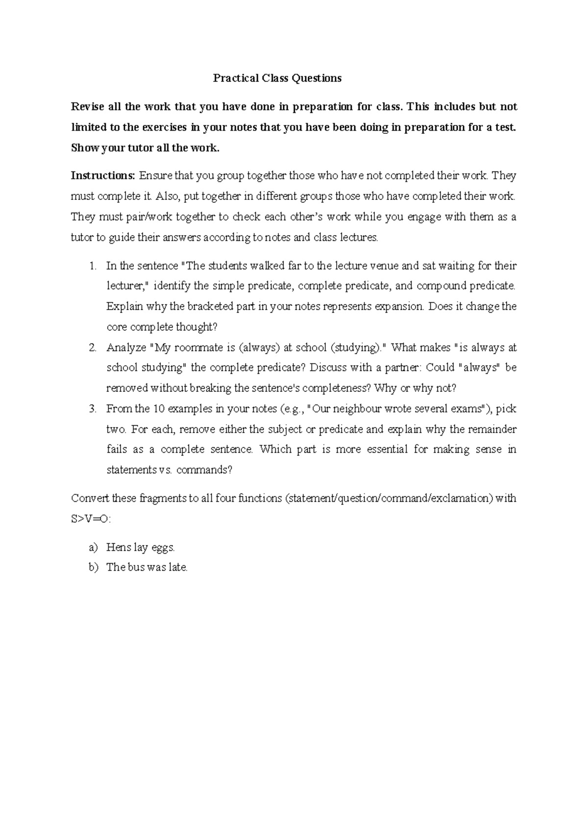 Practical Class Questions for 16-19 March Tut and Prac - Studocu