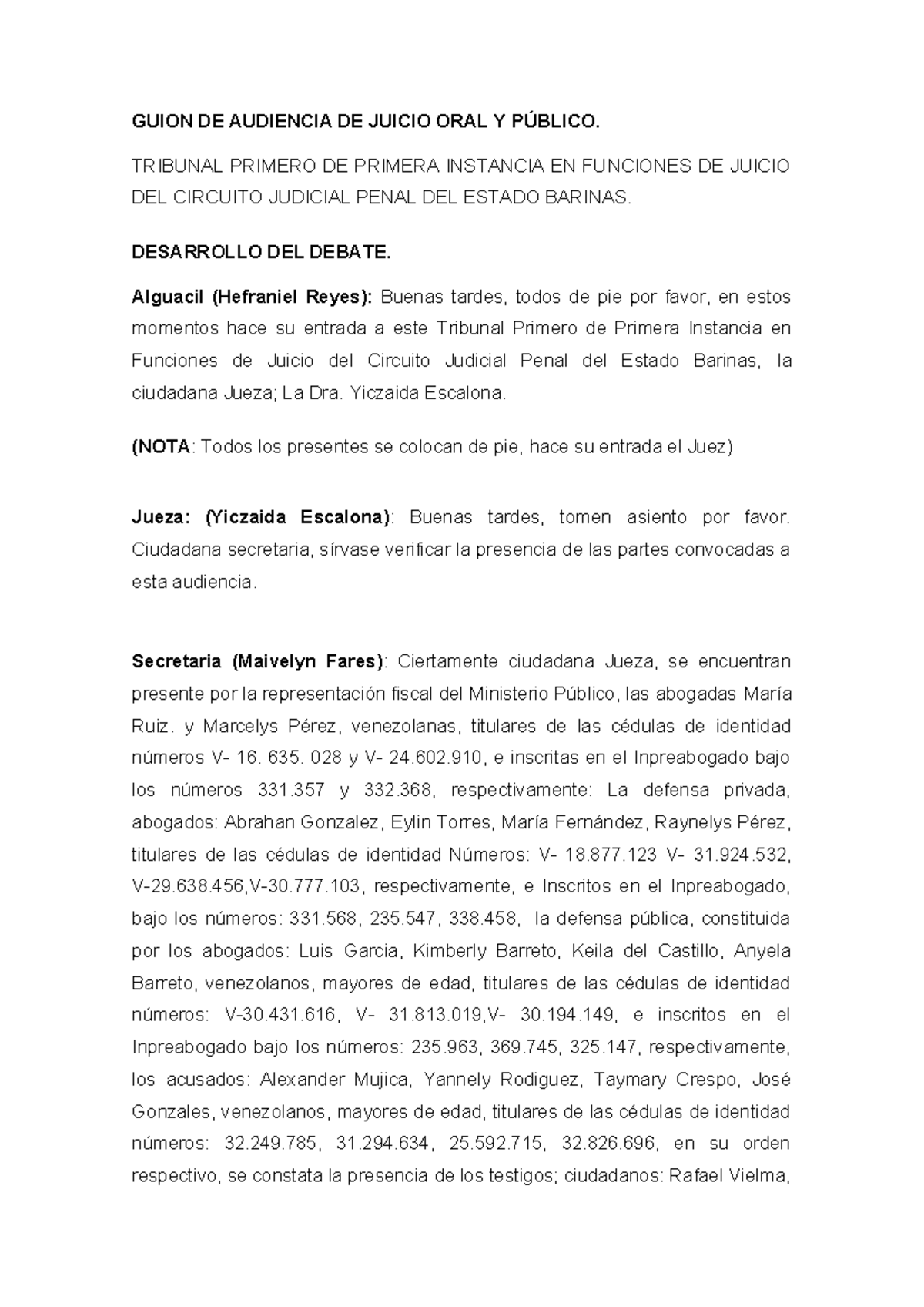 GUION DE AUDIENCIA DE JUICIO ORAL Y PÚBLICO - CÓDIGO PENAL - Studocu