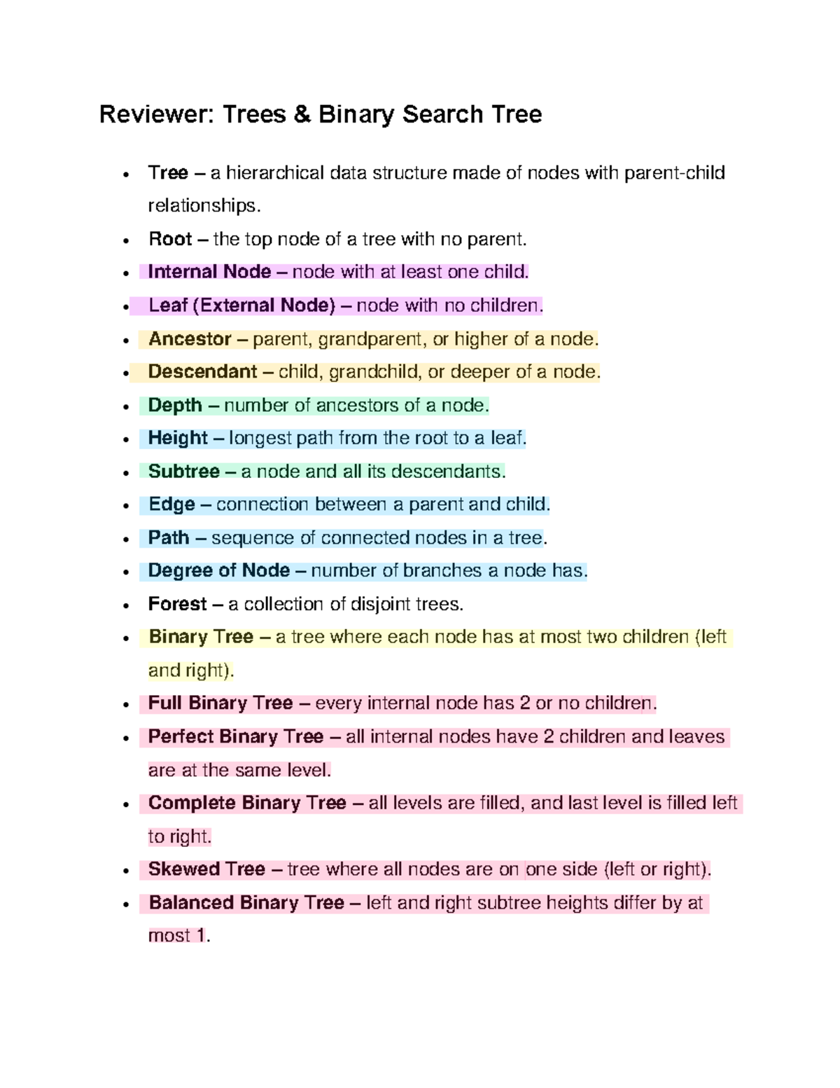 Binary Search Tree Concepts and Traversals - CS101 Review - Studocu