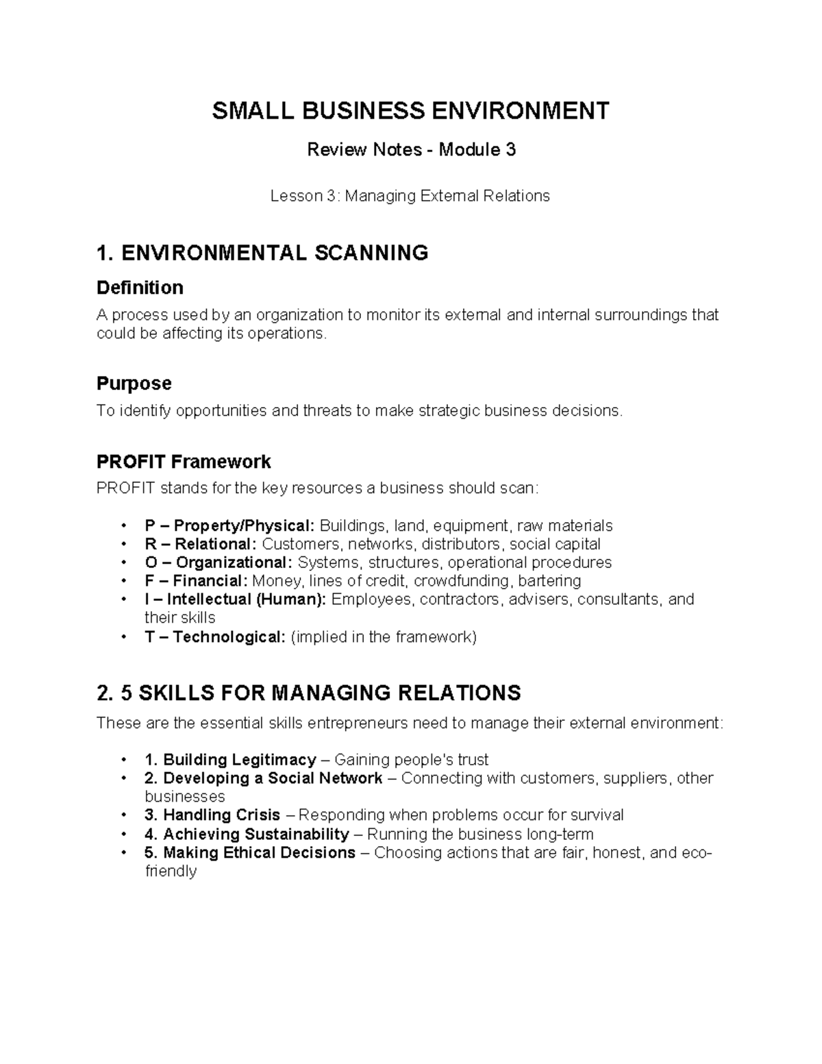 SMALL BUSINESS ENVIRONMENT Review Notes: Module 3 - Managing External ...