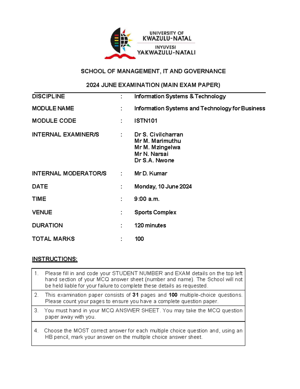 ISTN101 Information Systems and Technology for Business Final Exam 2024 ...