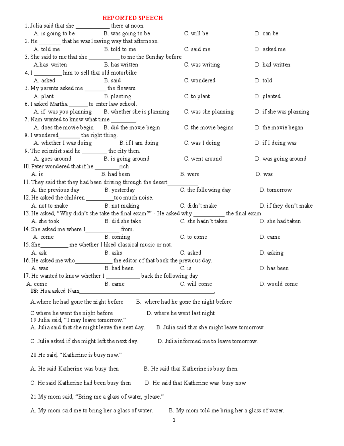 Reported Speech Practice - Quiz for Review - Studocu