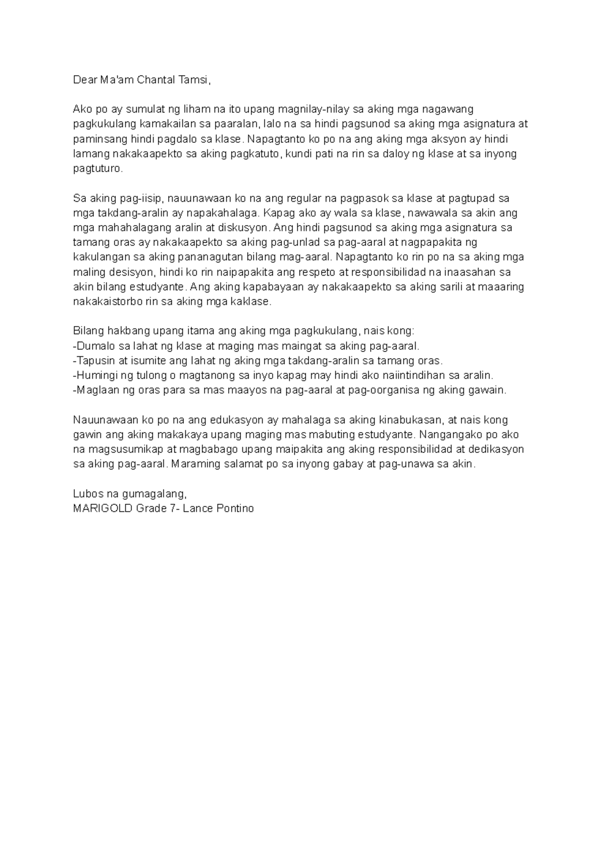 Reflection Letter on Academic Responsibilities - Grade Lance Pontino ...
