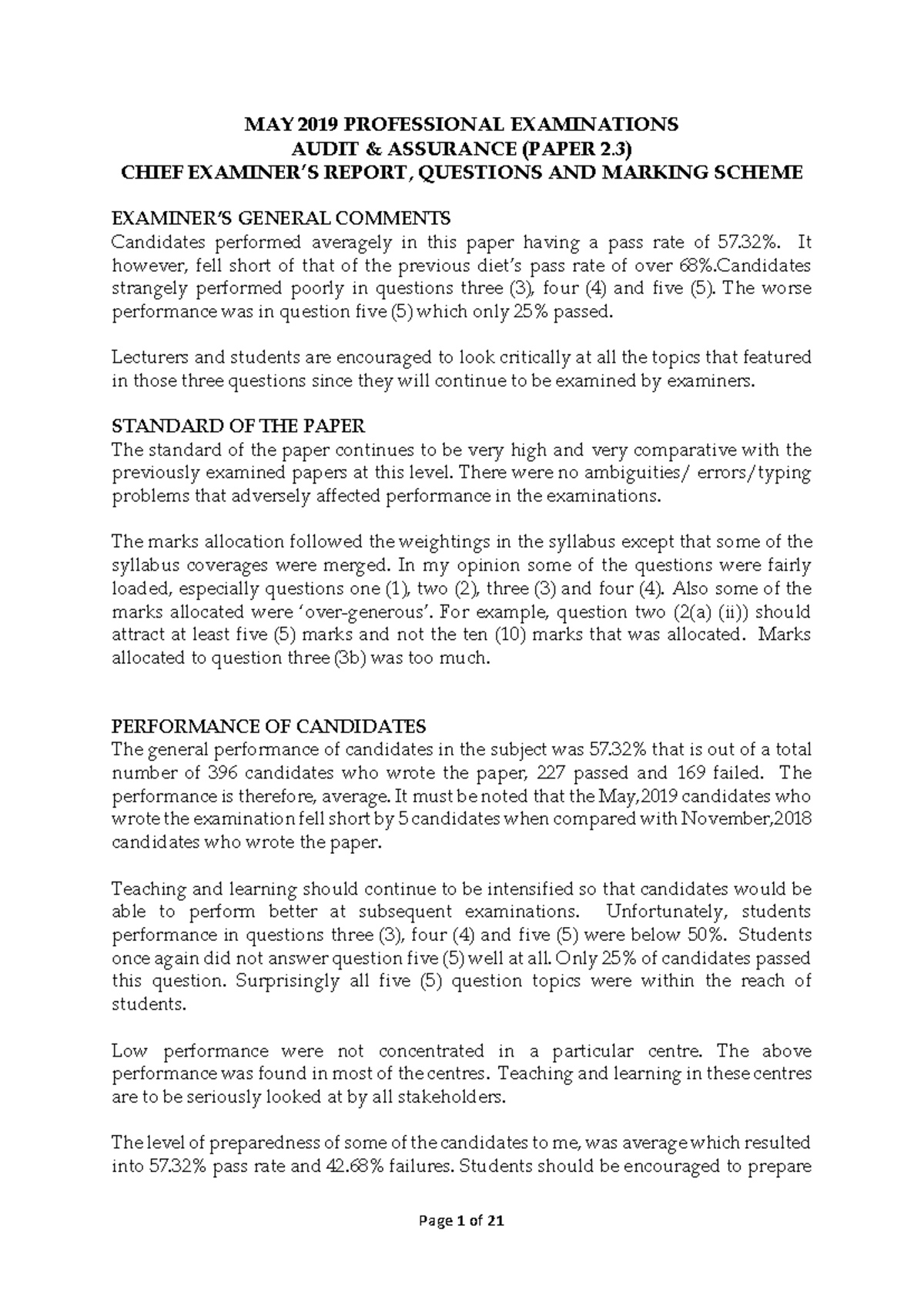 Final Exam Report on Audit & Assurance (PAPER 2.3) - May 2019 - Studocu
