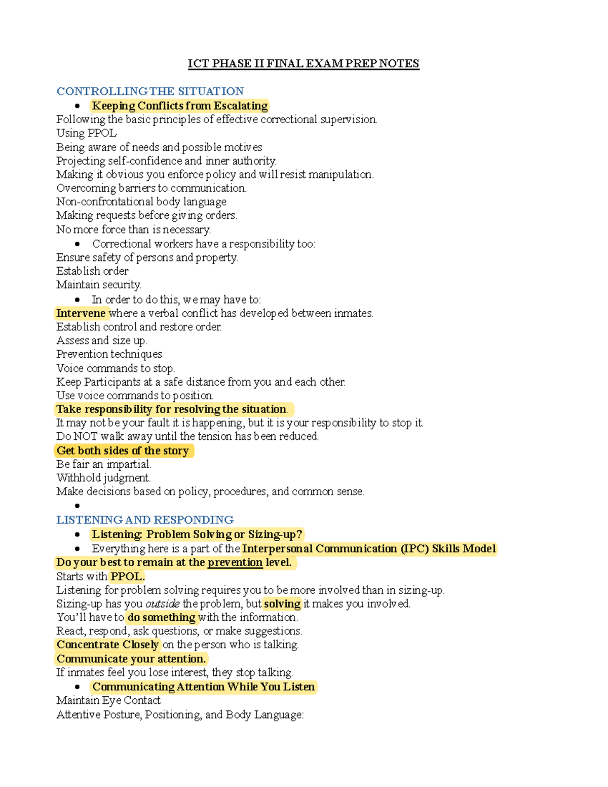 ICT PHASE II FINAL EXAM PREP NOTES: Effective Inmate Management ...
