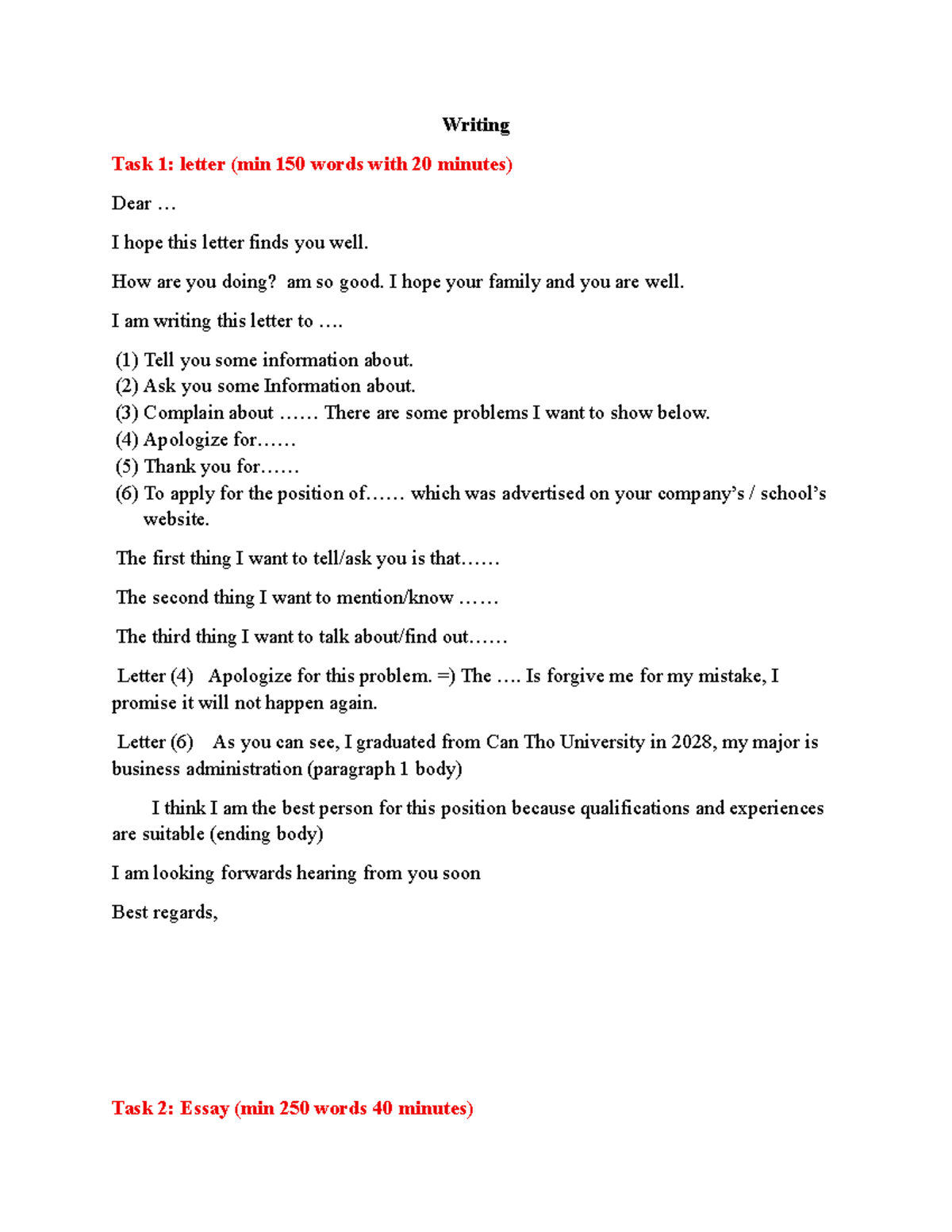 Writing Task 1 & 2: Letter & Essay Samples for VSTE0 - Studocu