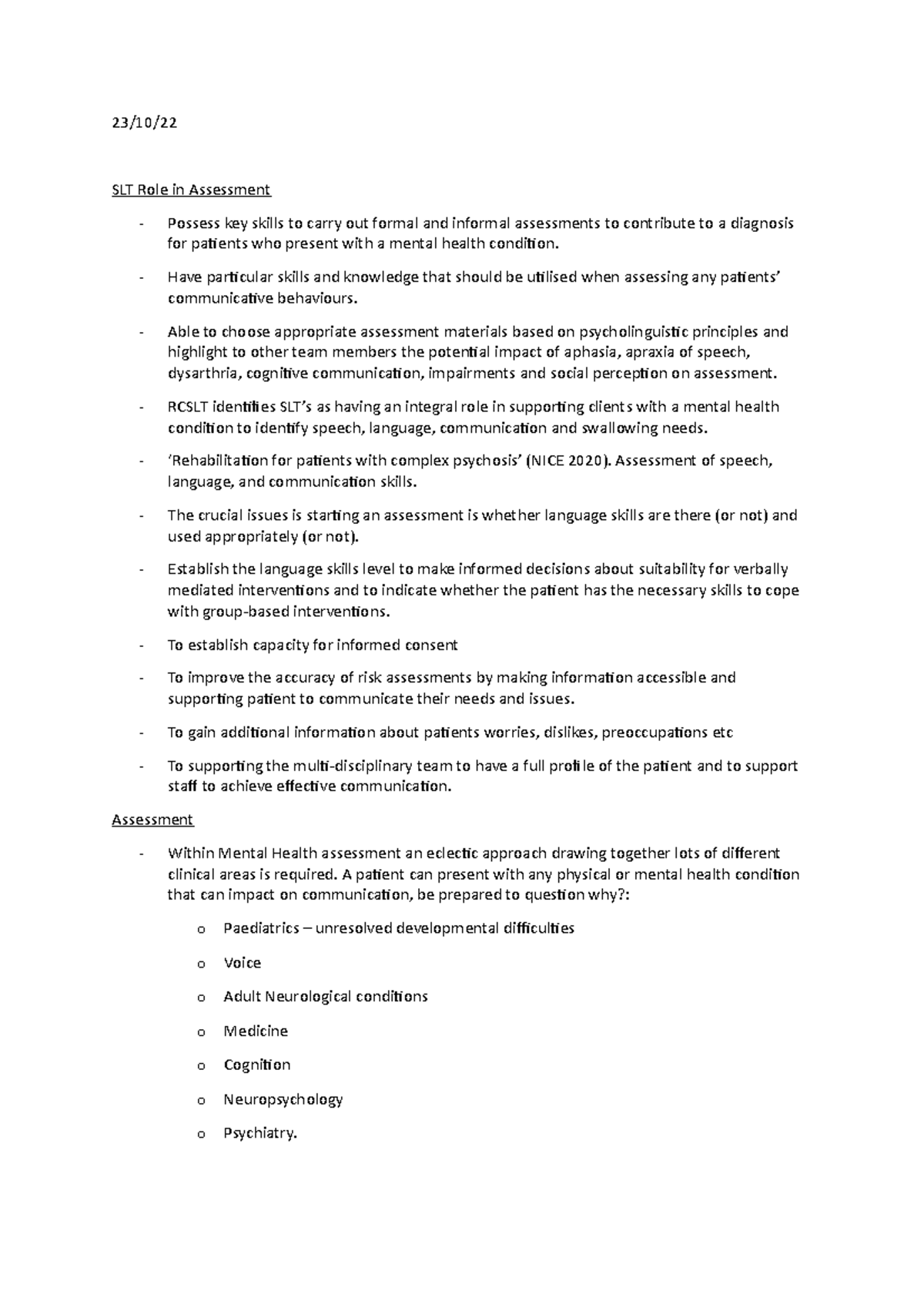 SLT Role in Mental Health Assessment - 23/10/ SLT Role in Assessment ...