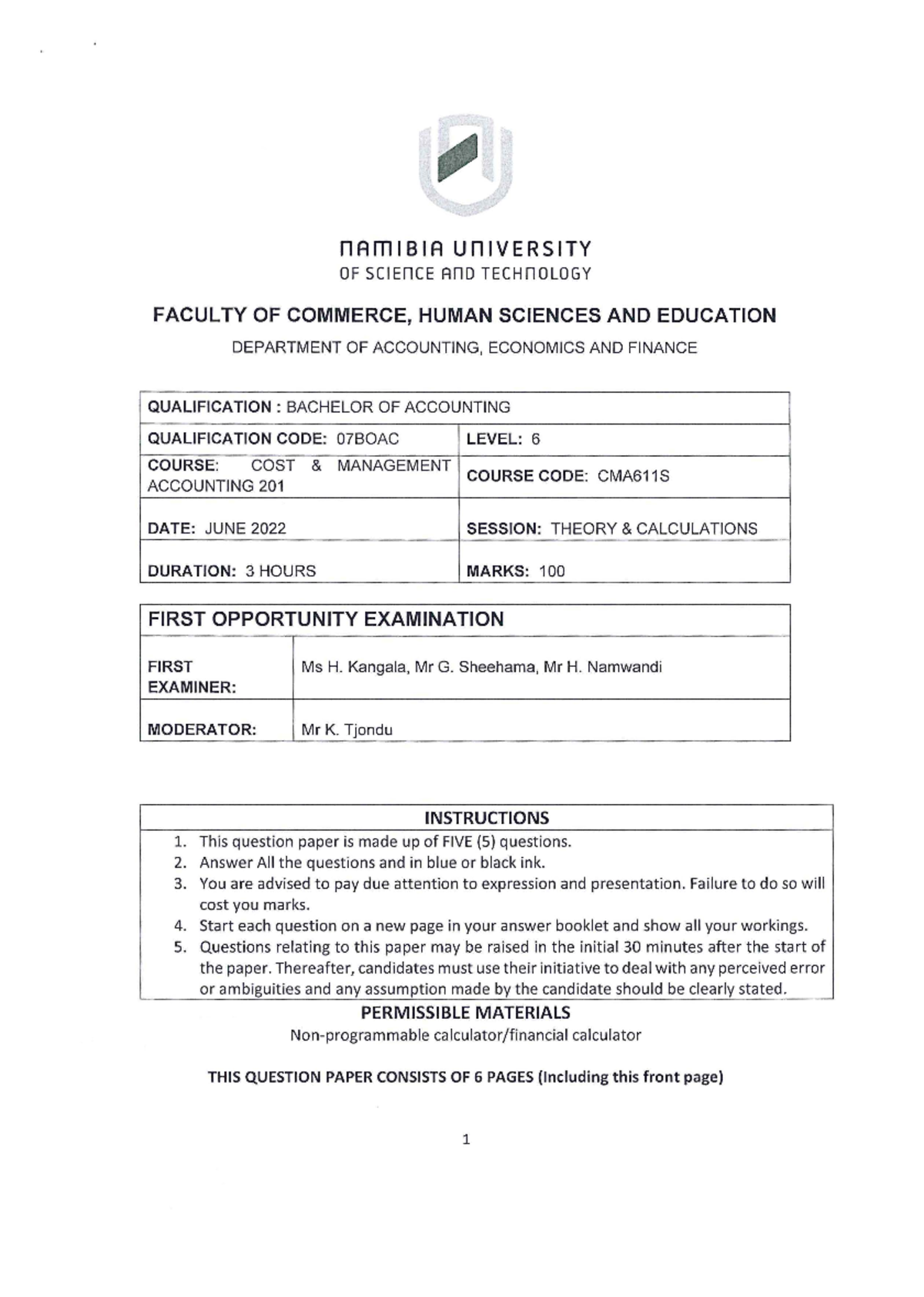 CMA611S-1ST OPPORTUNITY EXAM JUNE 2022 - COST & MANAGEMENT - Studocu